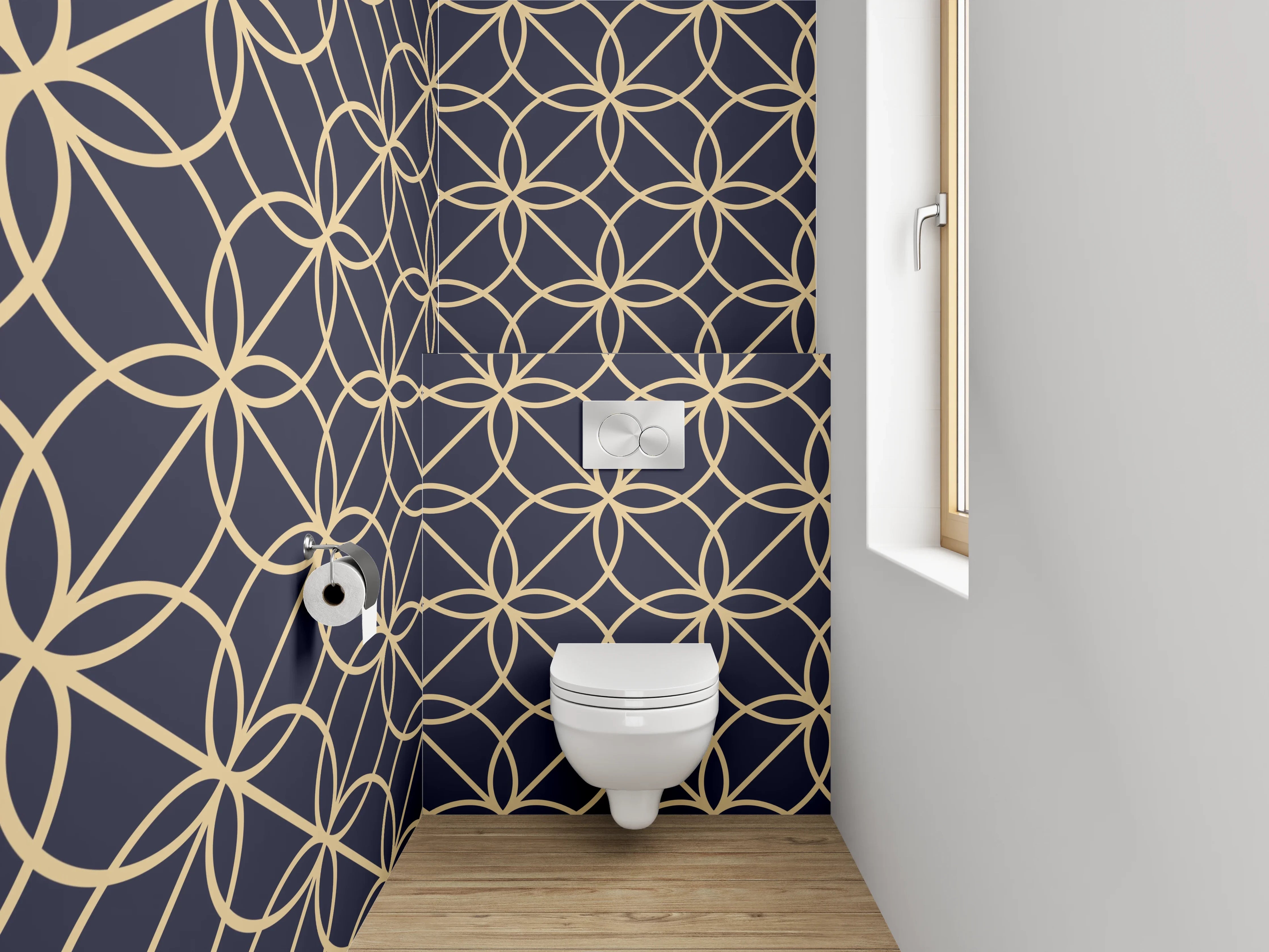 WC-Rückwand - Modernes geometrisches Muster in Gold und Dunkelblau