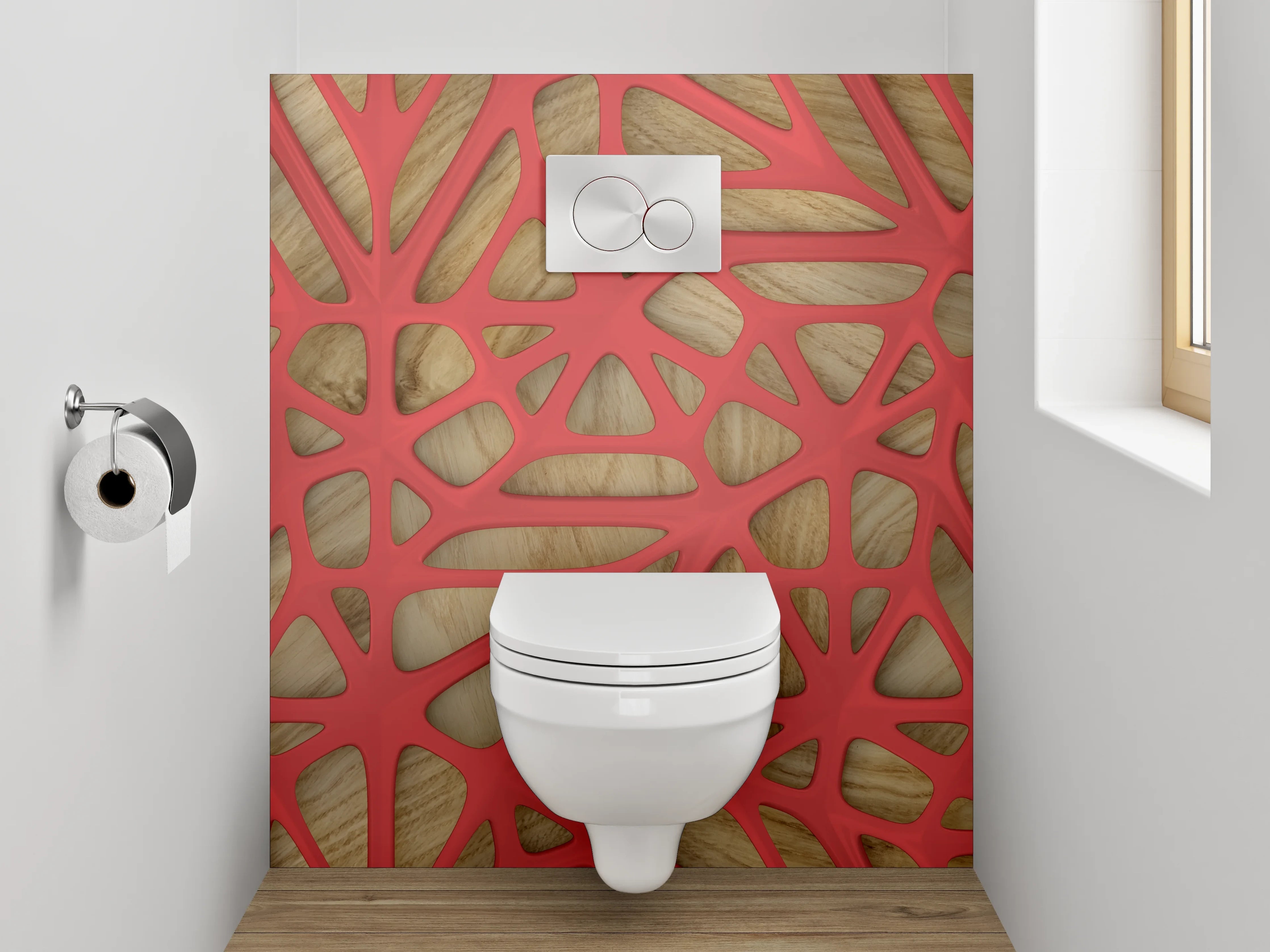 WC-Rückwand - Modernes geometrisches Netz Holz Rot