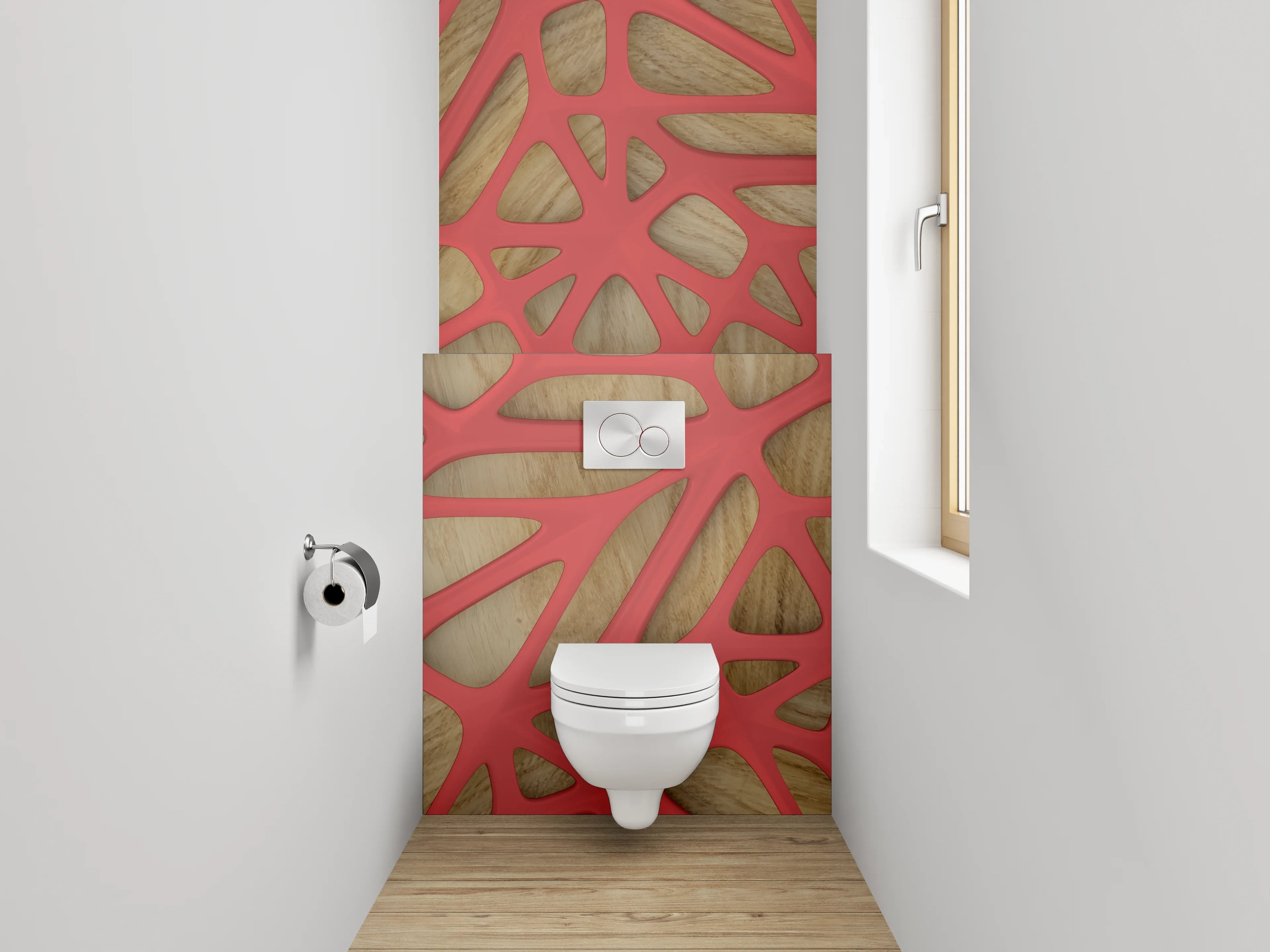WC-Rückwand - Modernes geometrisches Netz Holz Rot