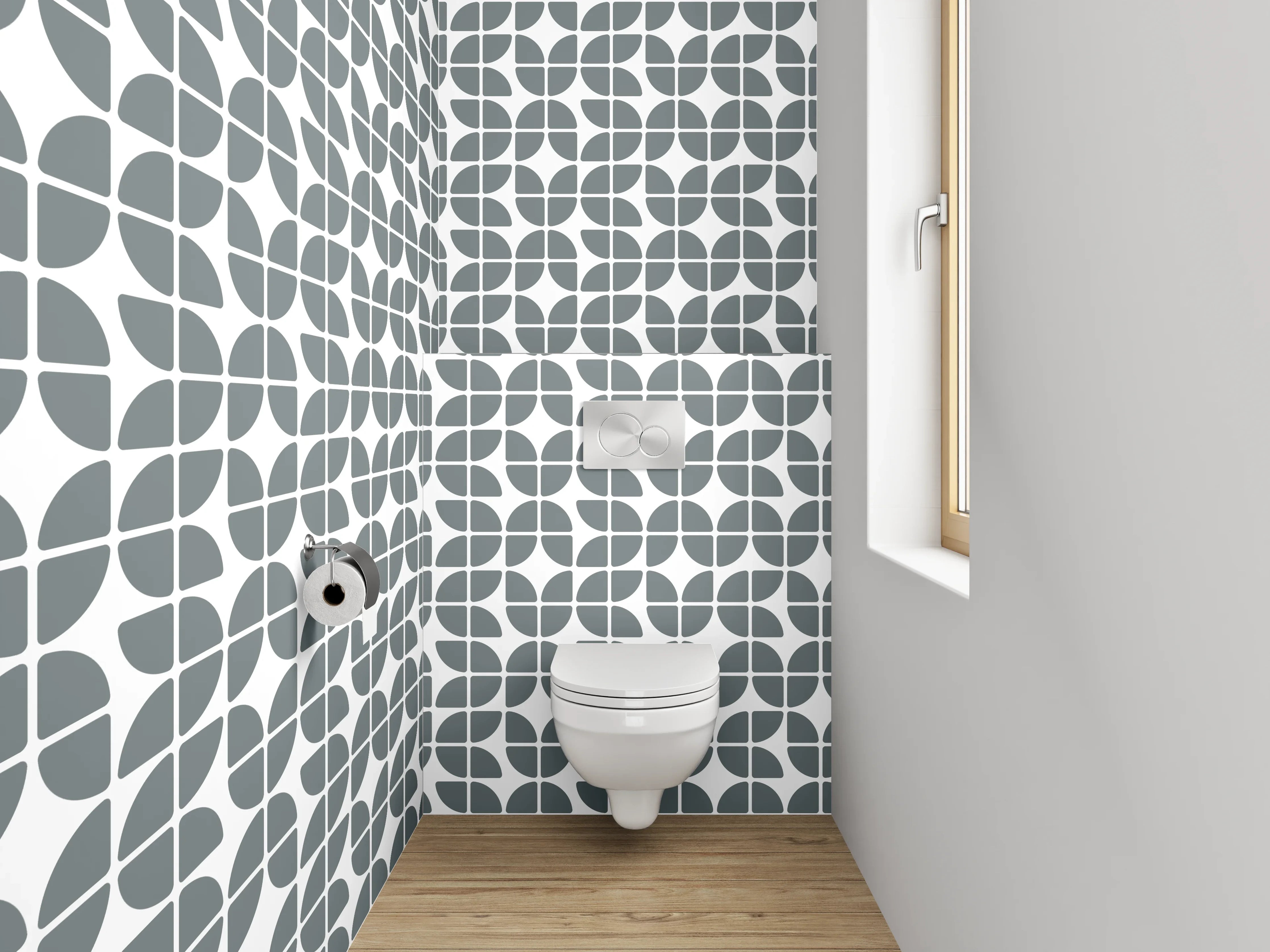 WC-Rückwand - Modernes geometrisches Retro-Muster Grau Weiß