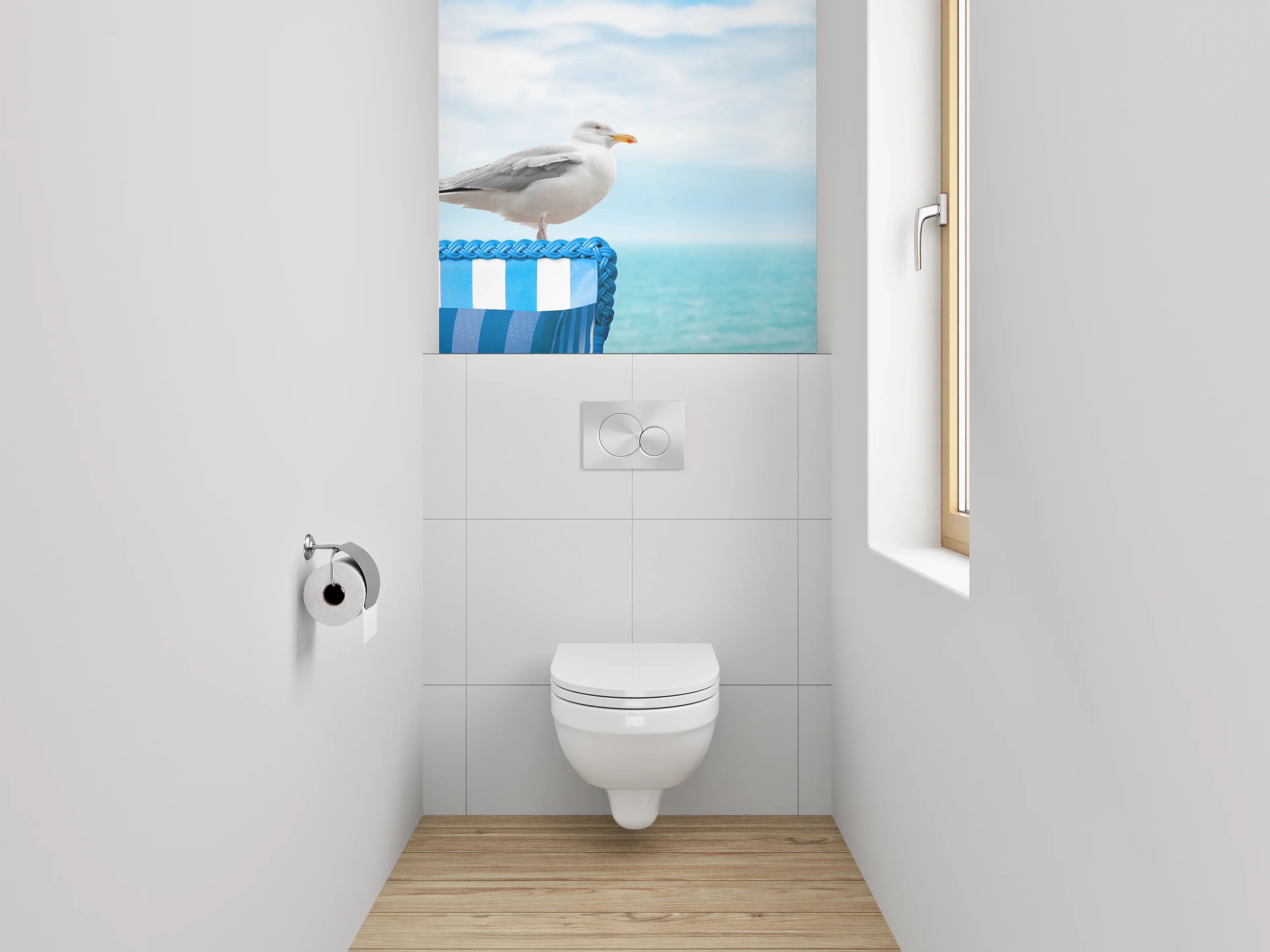 WC-Rückwand - Möwe auf Strandkorb am Meer