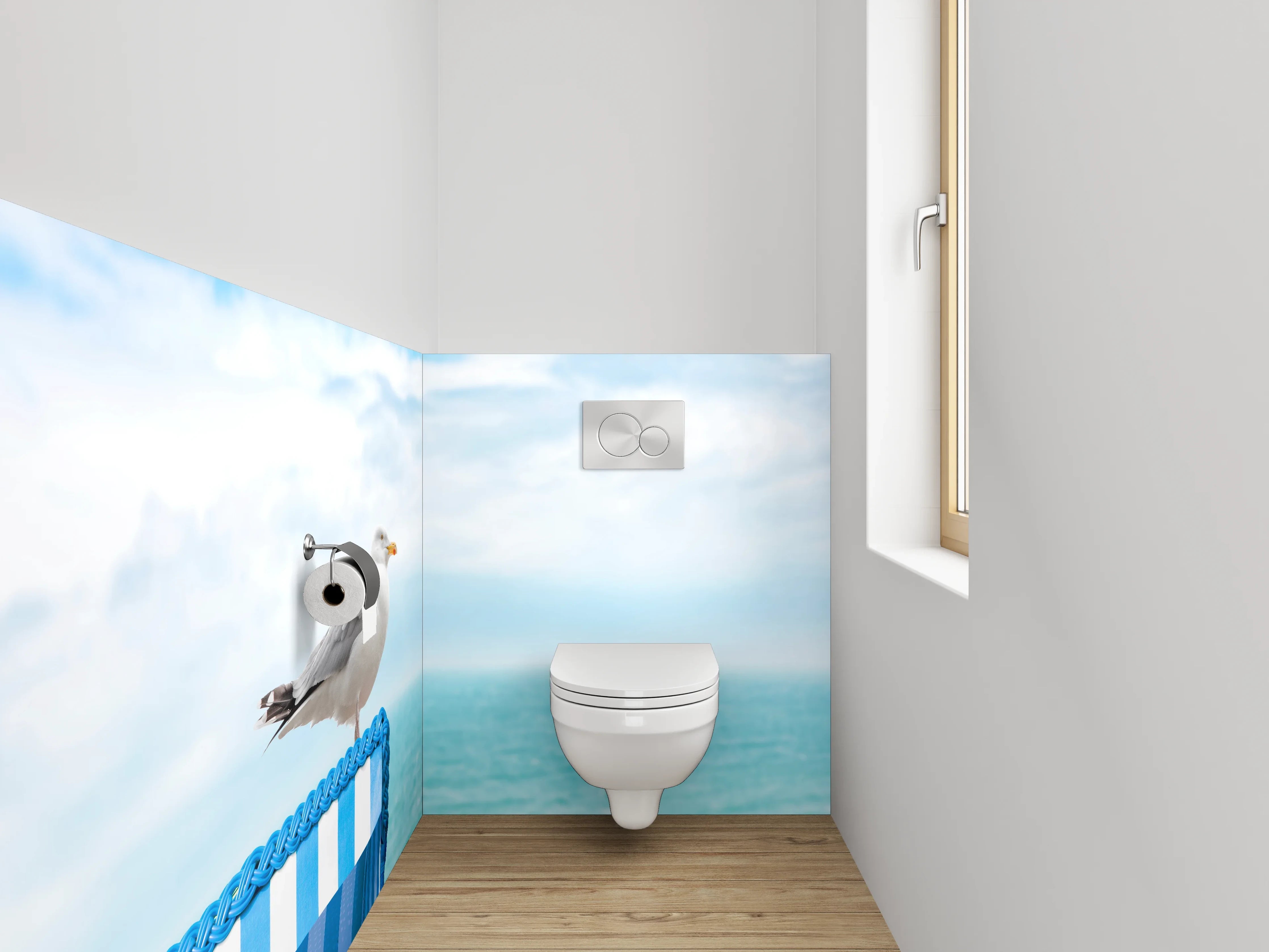 WC-Rückwand - Möwe auf Strandkorb am Meer