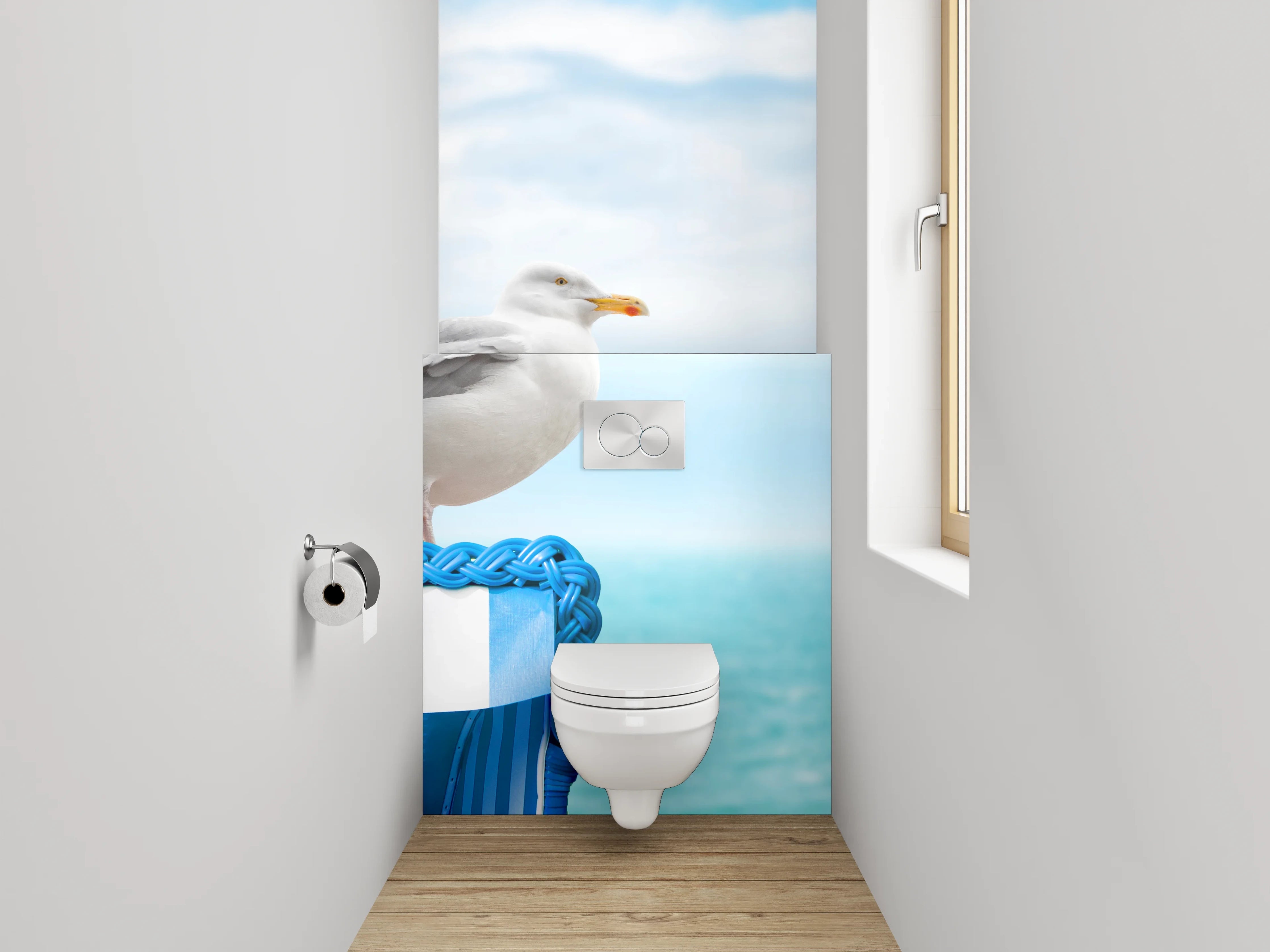 WC-Rückwand - Möwe auf Strandkorb am Meer