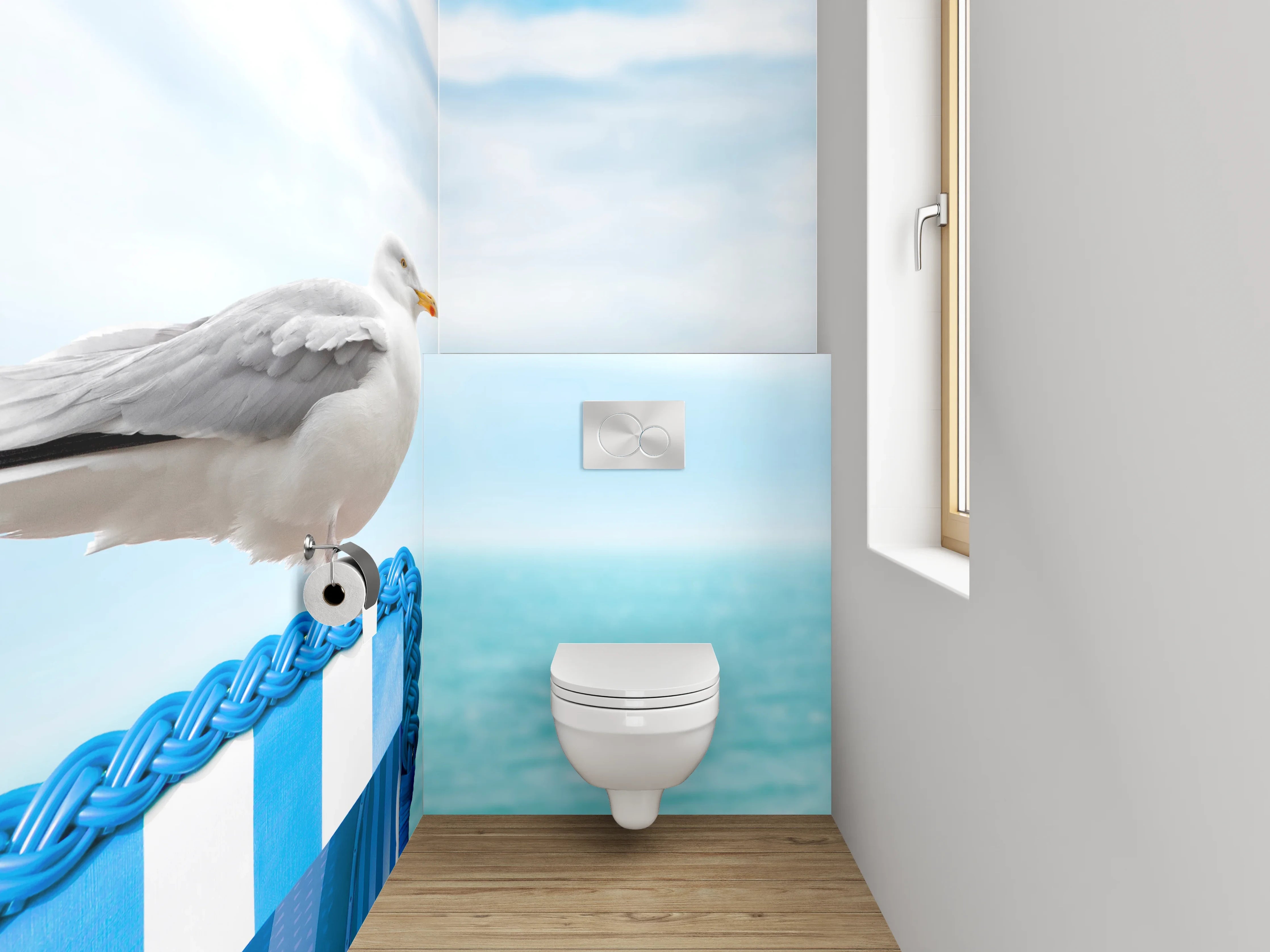 WC-Rückwand - Möwe auf Strandkorb am Meer