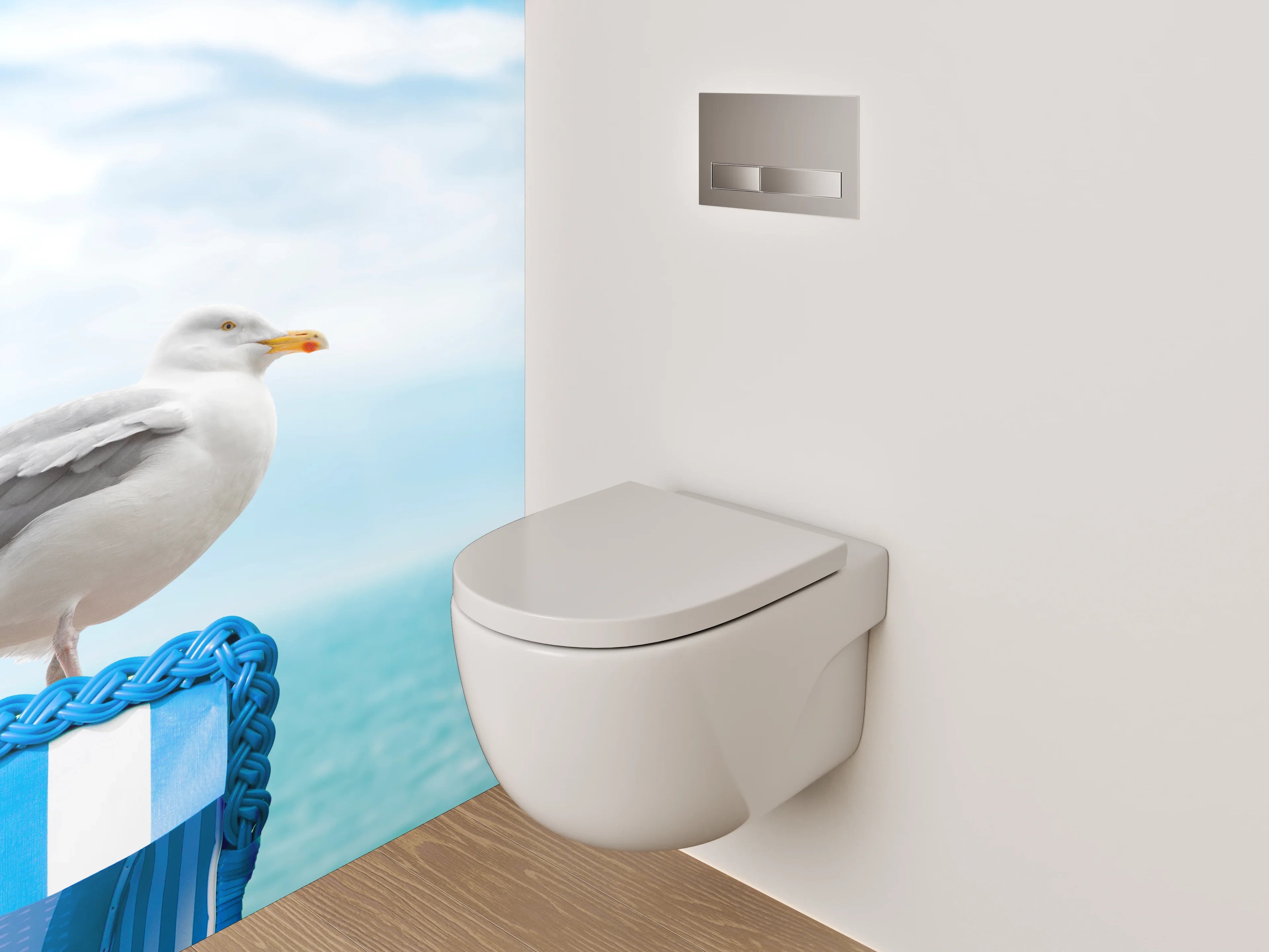 WC-Rückwand - Möwe auf Strandkorb am Meer