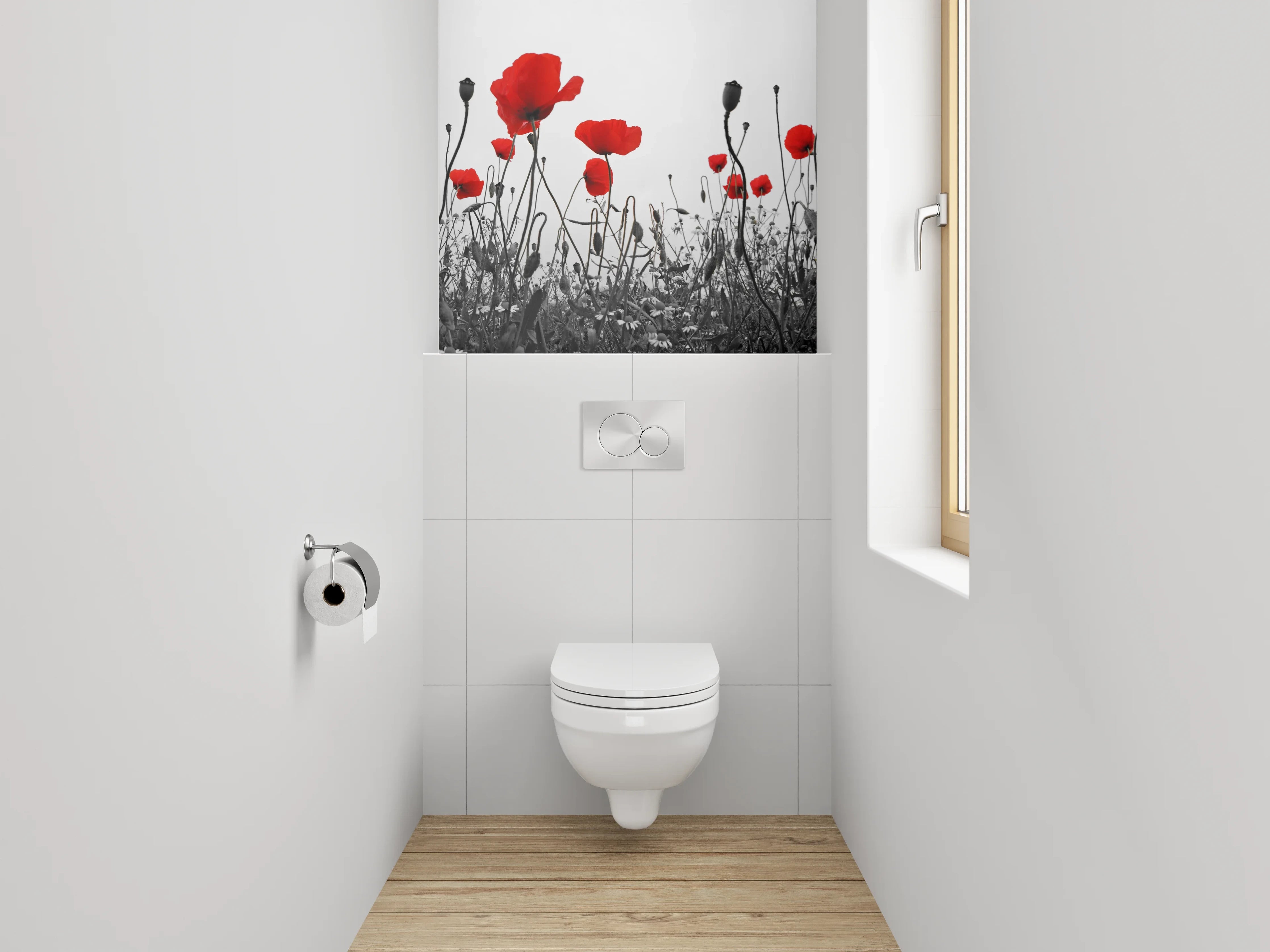 WC-Rückwand - Mohnblumen Schwarz-Weiß Akzent Bild