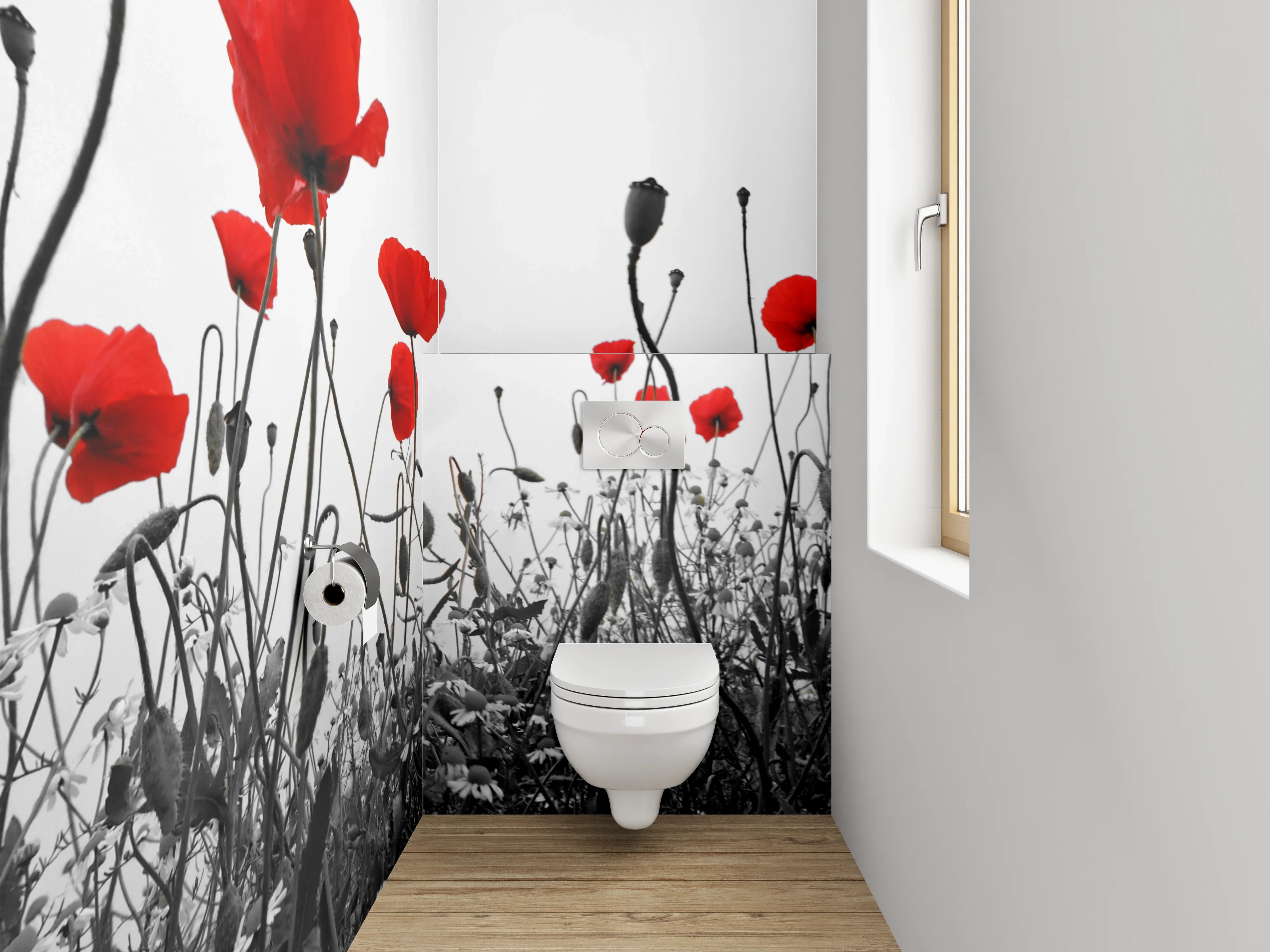 WC-Rückwand - Mohnblumen Schwarz-Weiß Akzent Bild