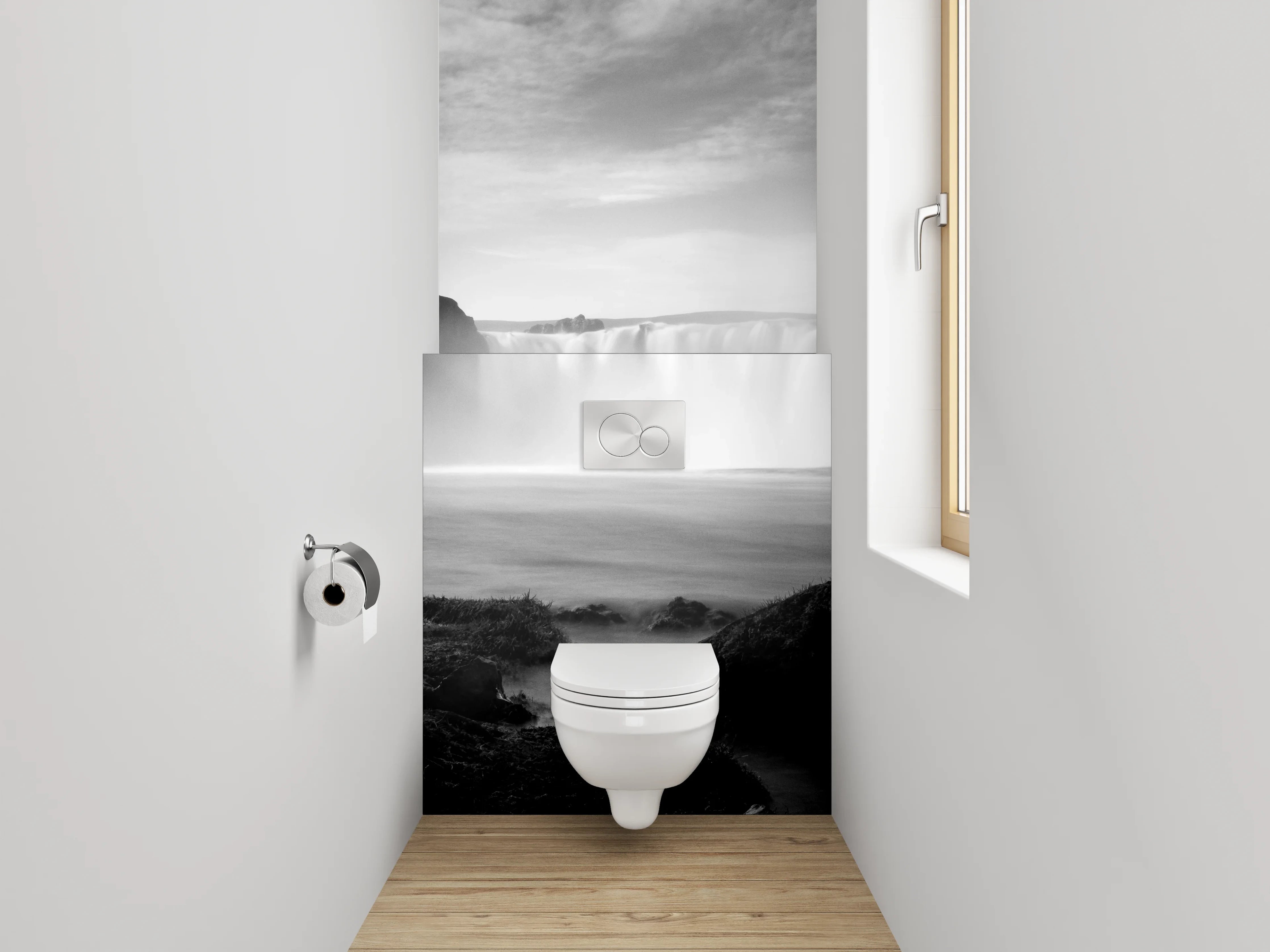 WC-Rückwand - Monochromer Wasserfall in Island