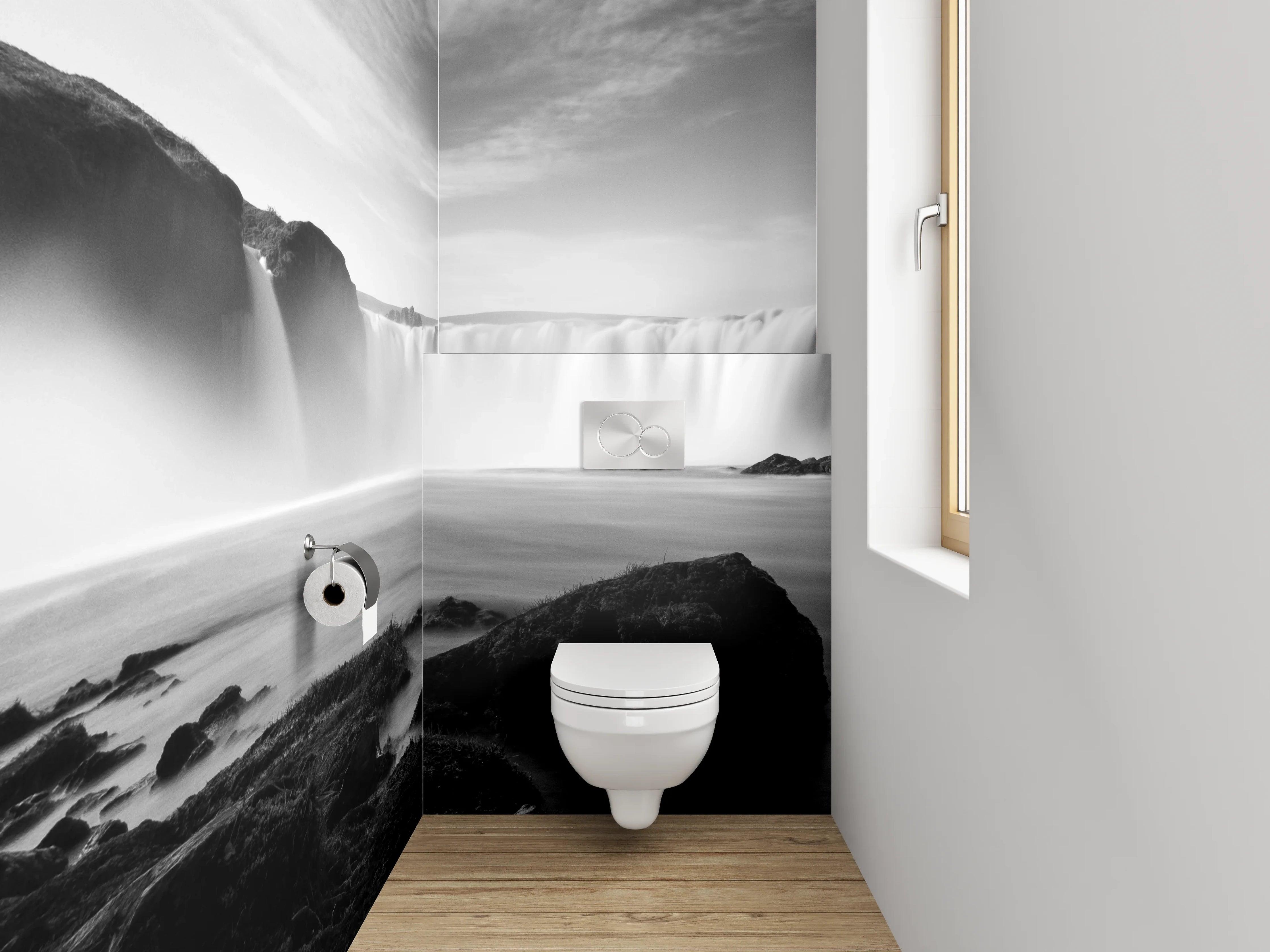 WC-Rückwand - Monochromer Wasserfall in Island