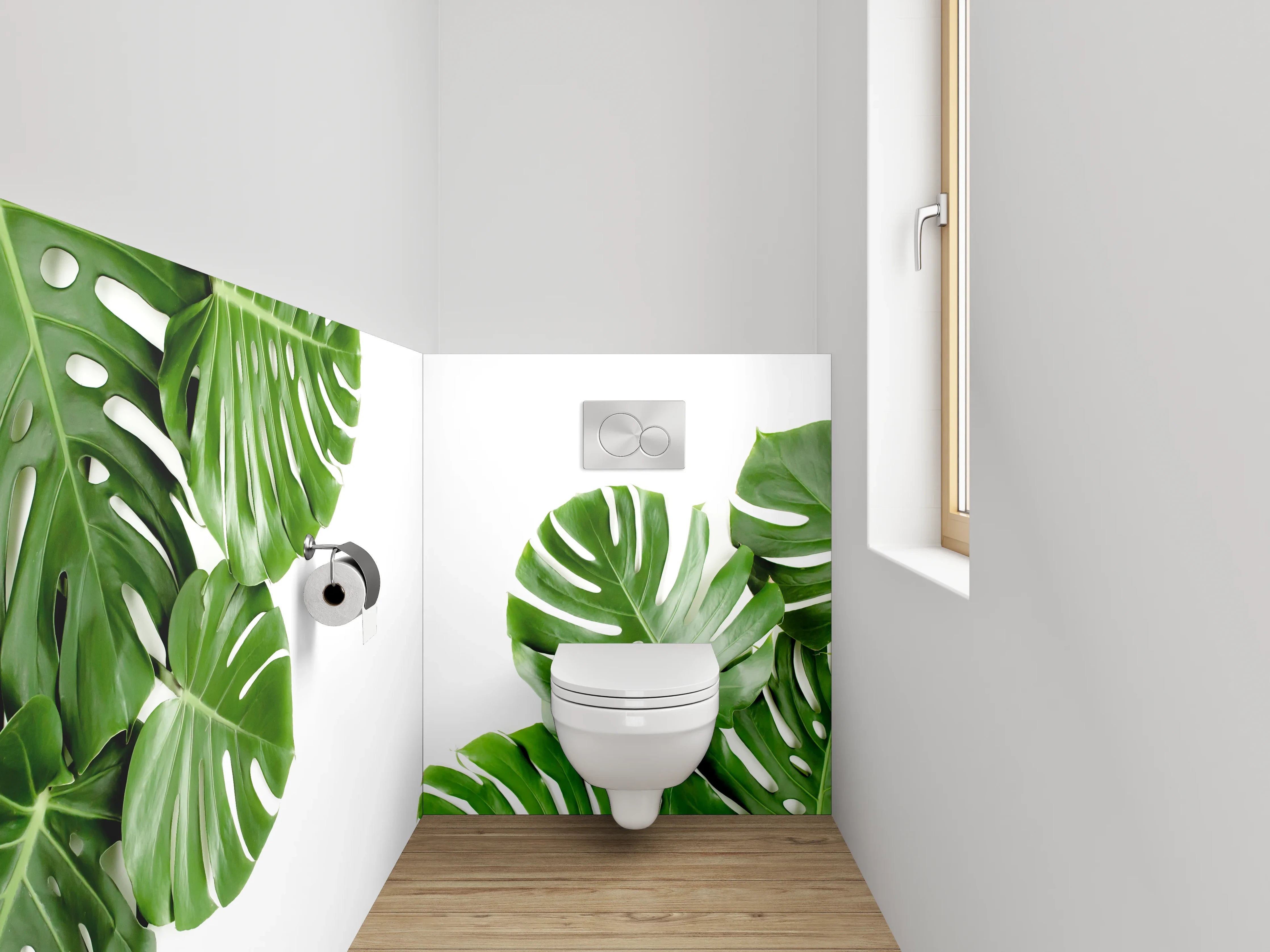 WC-Rückwand - Monstera-Blätter Naturmotiv grün weiß