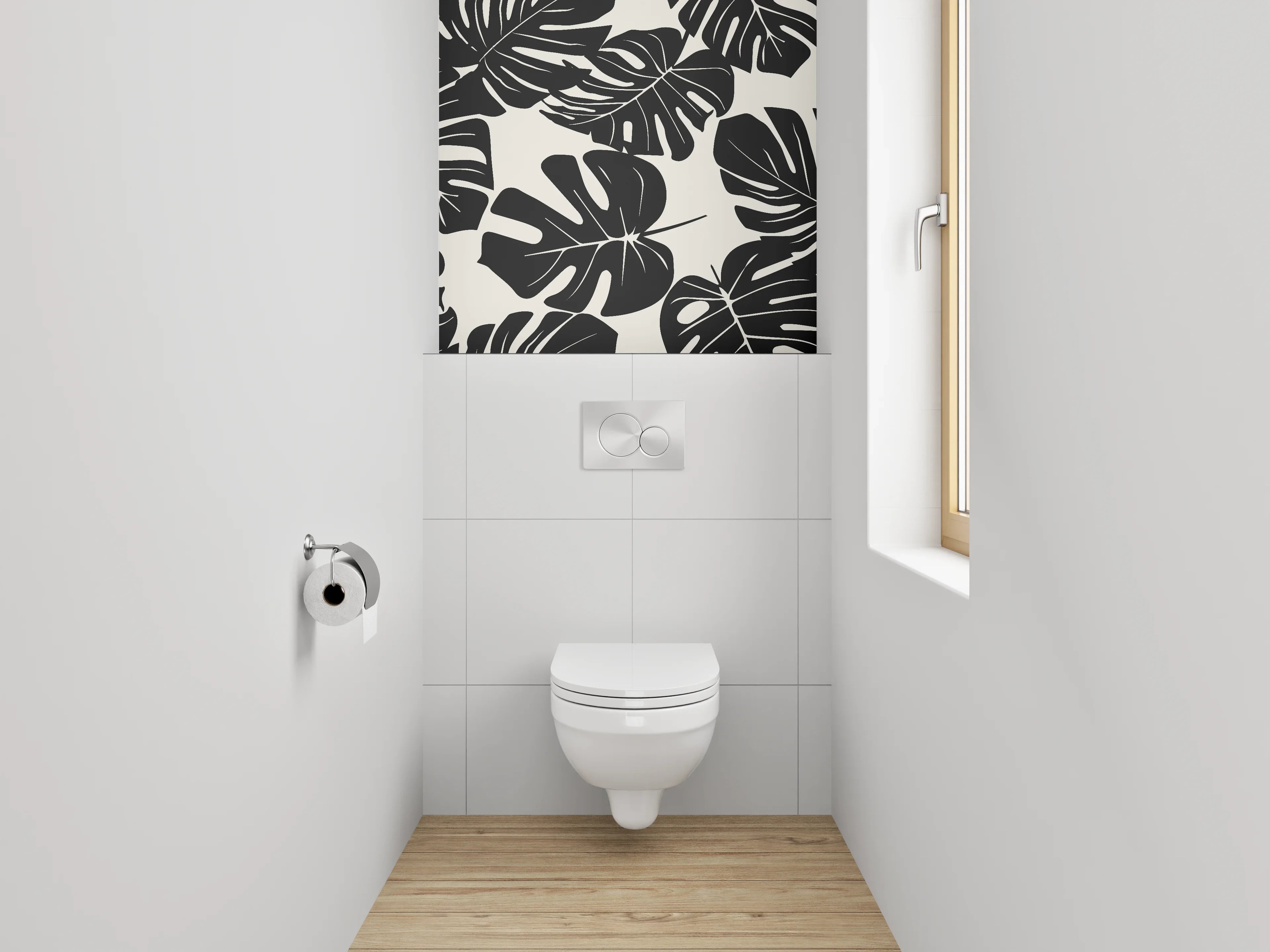 WC-Rückwand - Monstera Blätter Schwarz-Weiß Muster