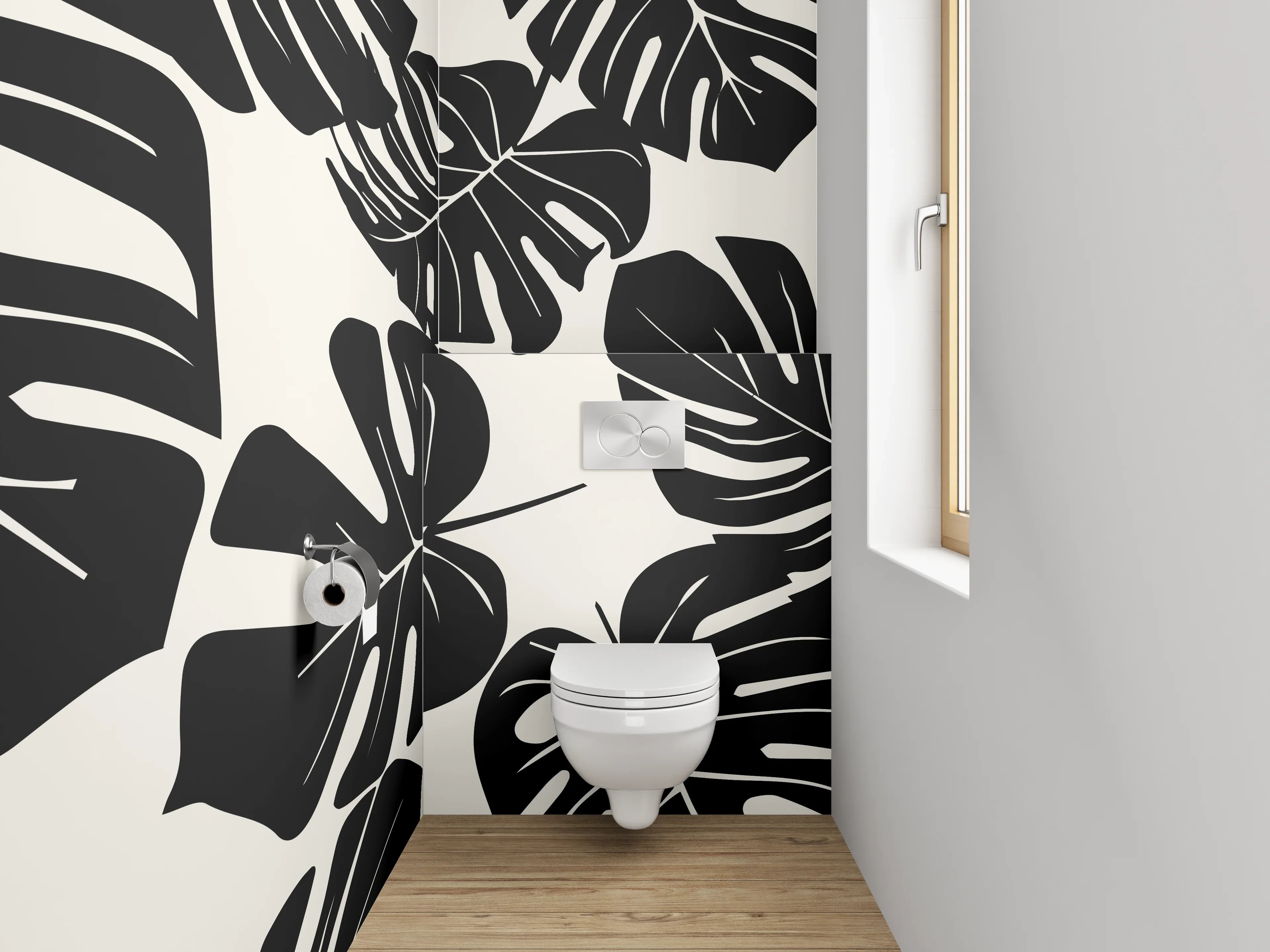 WC-Rückwand - Monstera Blätter Schwarz-Weiß Muster
