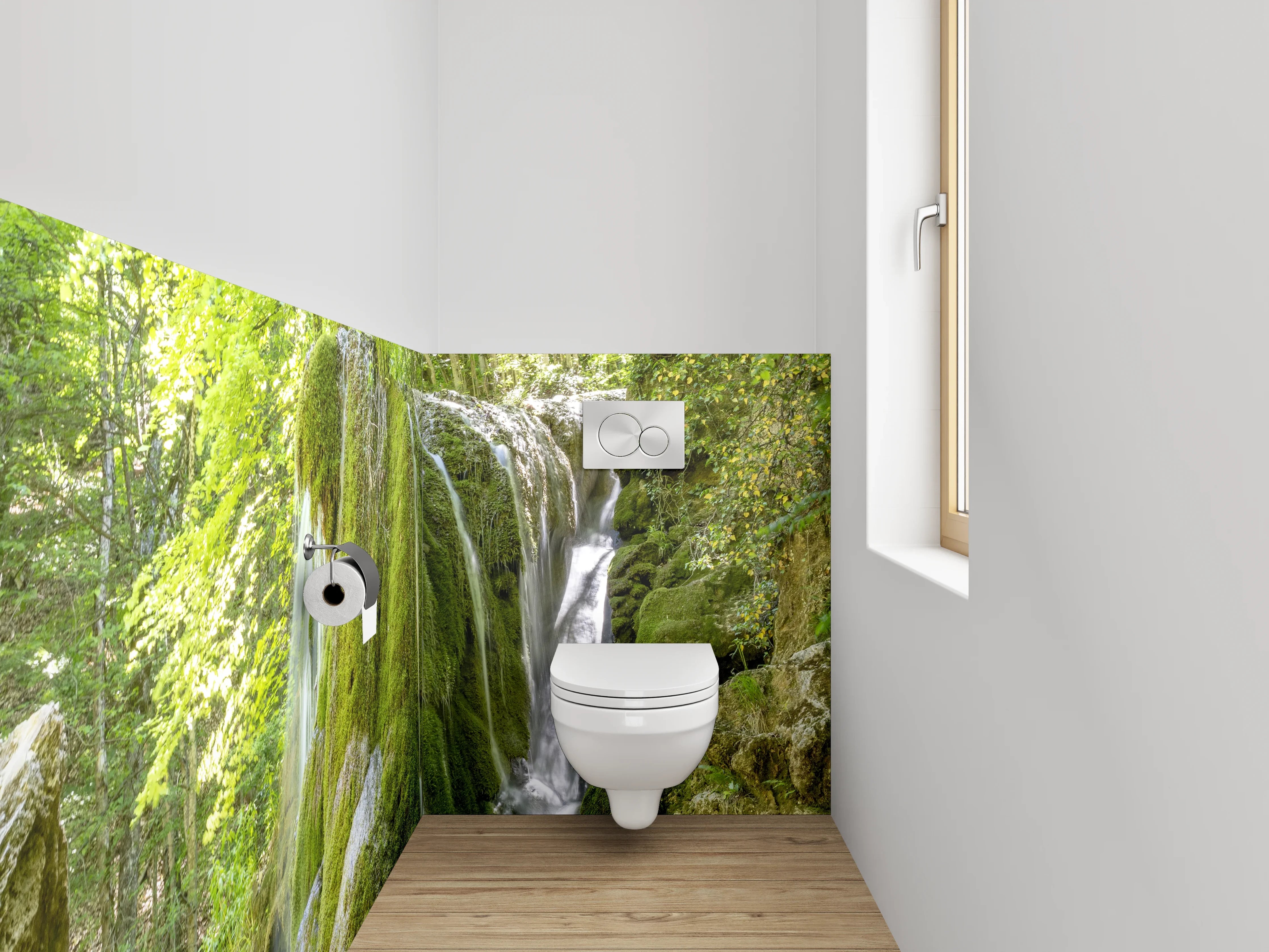 WC-Rückwand - Moosbedeckter Wasserfall im Wald