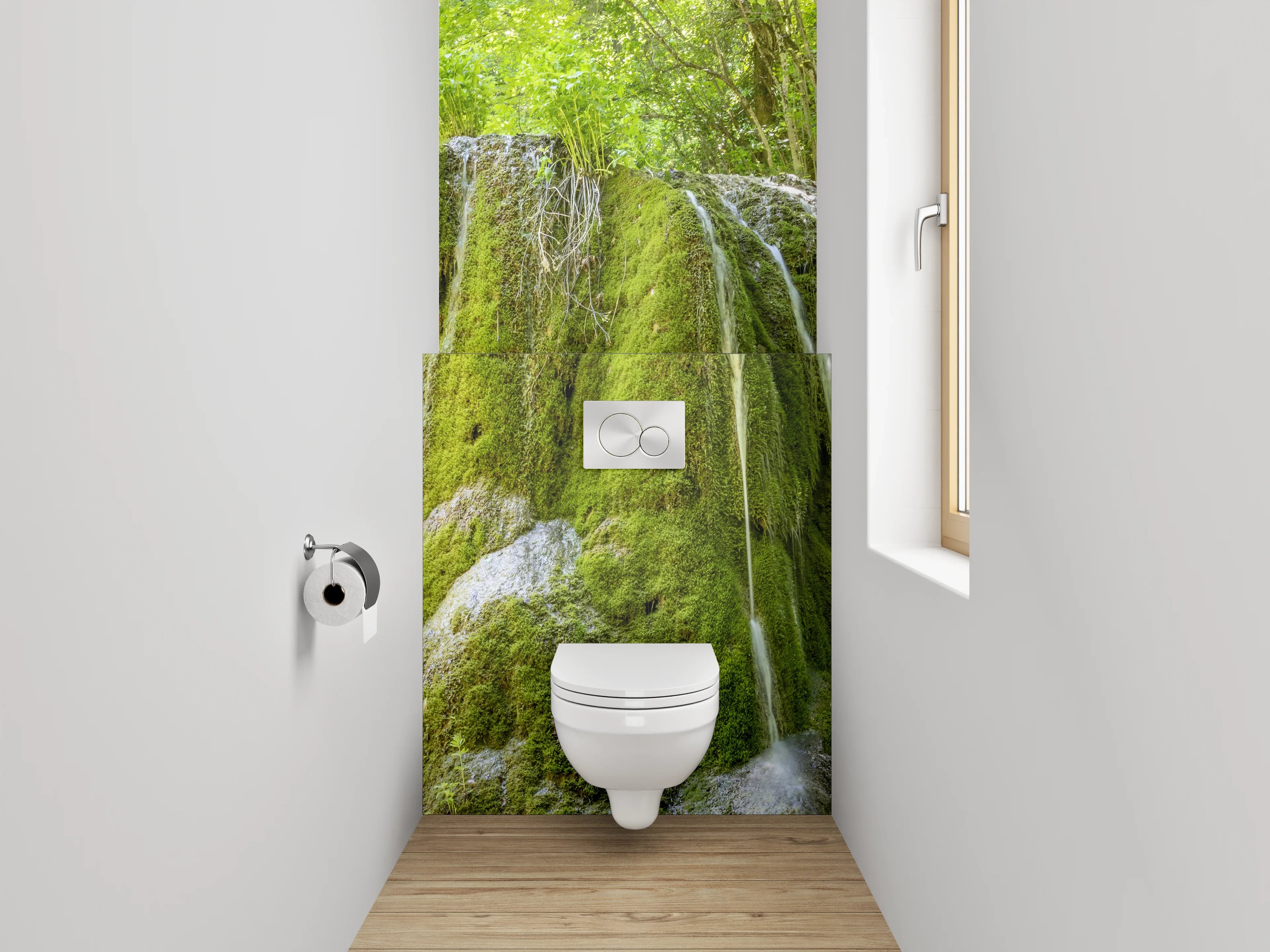 WC-Rückwand - Moosbedeckter Wasserfall im Wald