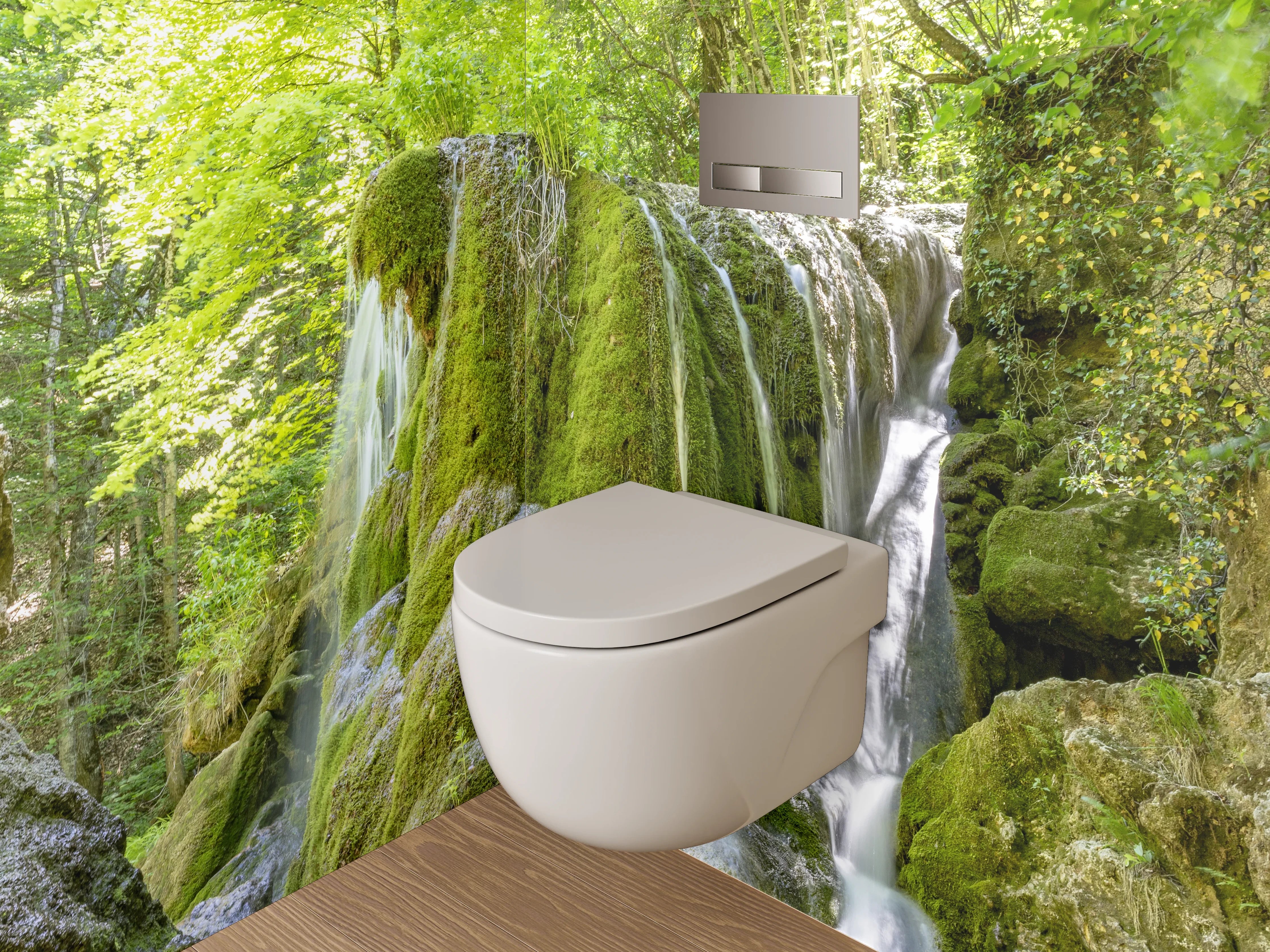 WC-Rückwand - Moosbedeckter Wasserfall im Wald