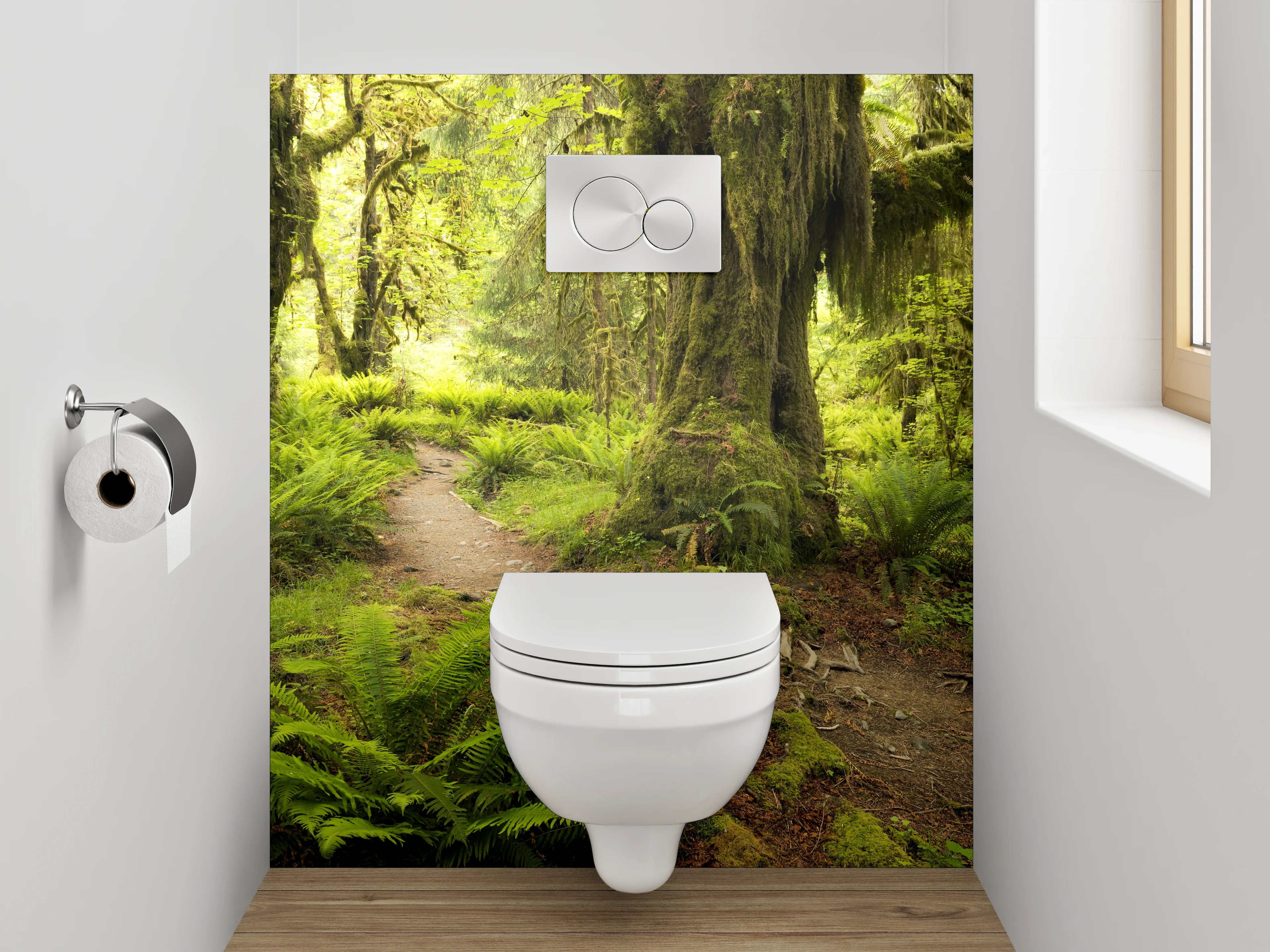 WC-Rückwand - Moosbewachsener Waldweg im Sonnenlicht