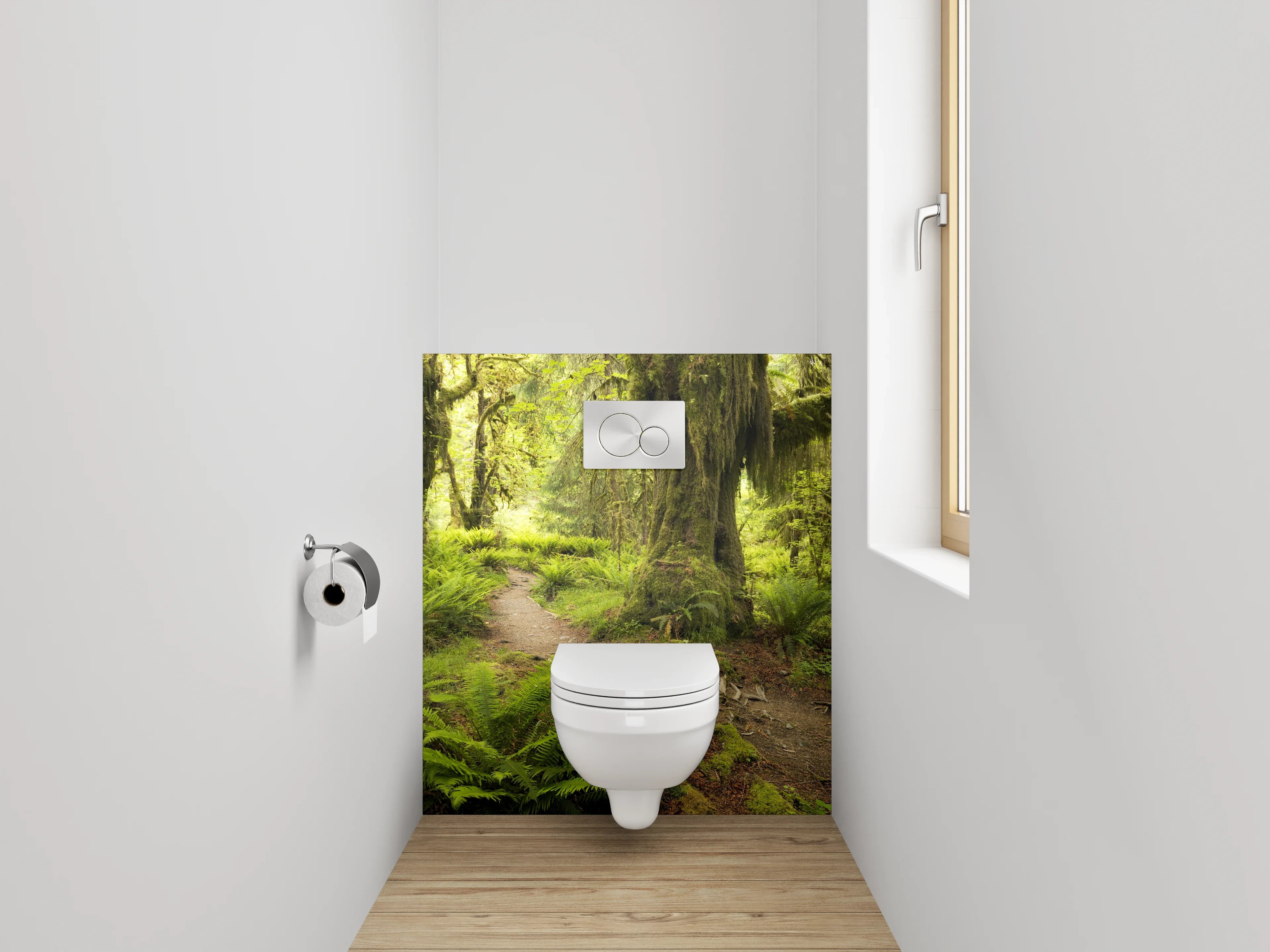 WC-Rückwand - Moosbewachsener Waldweg im Sonnenlicht