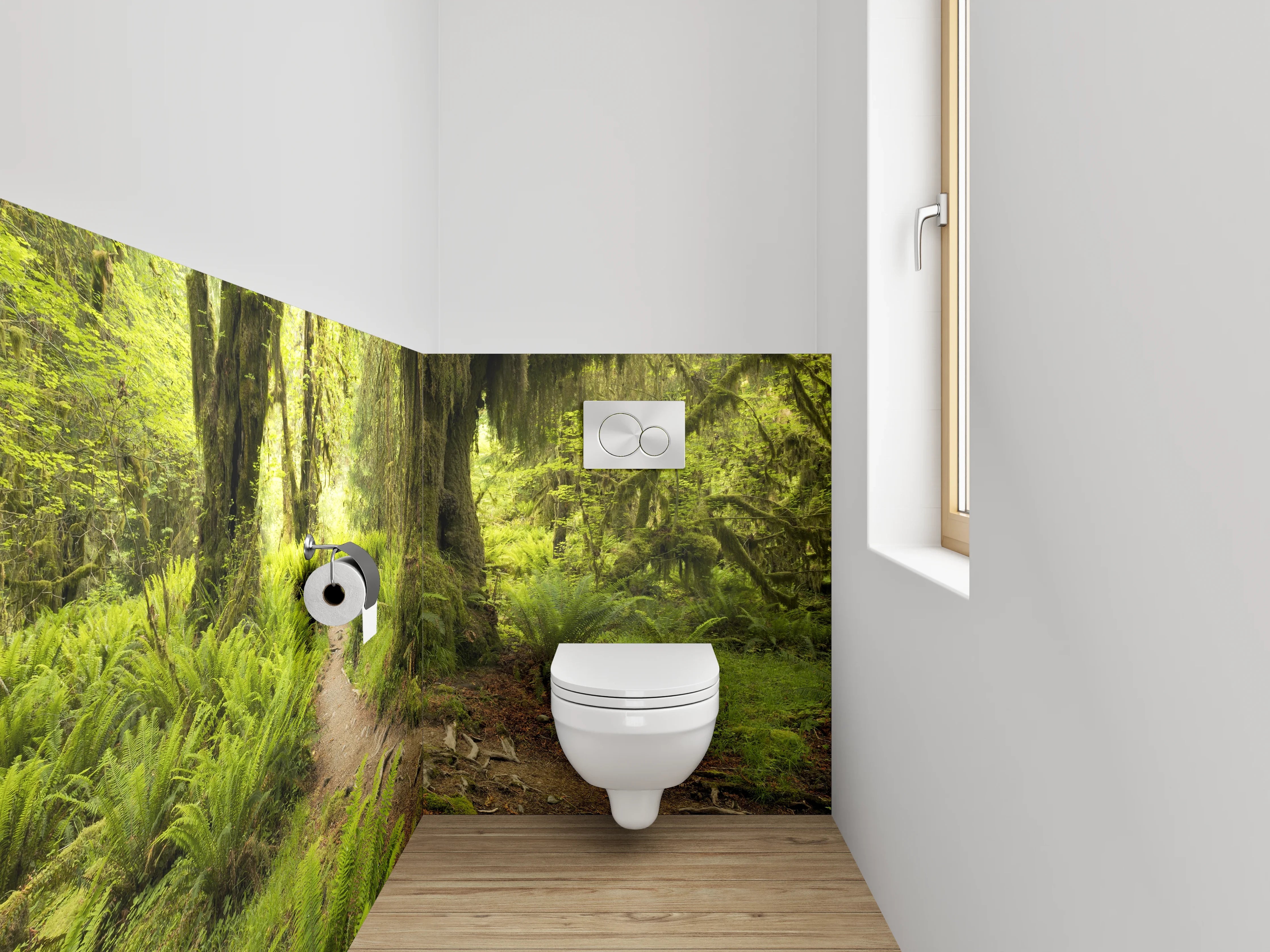 WC-Rückwand - Moosbewachsener Waldweg im Sonnenlicht