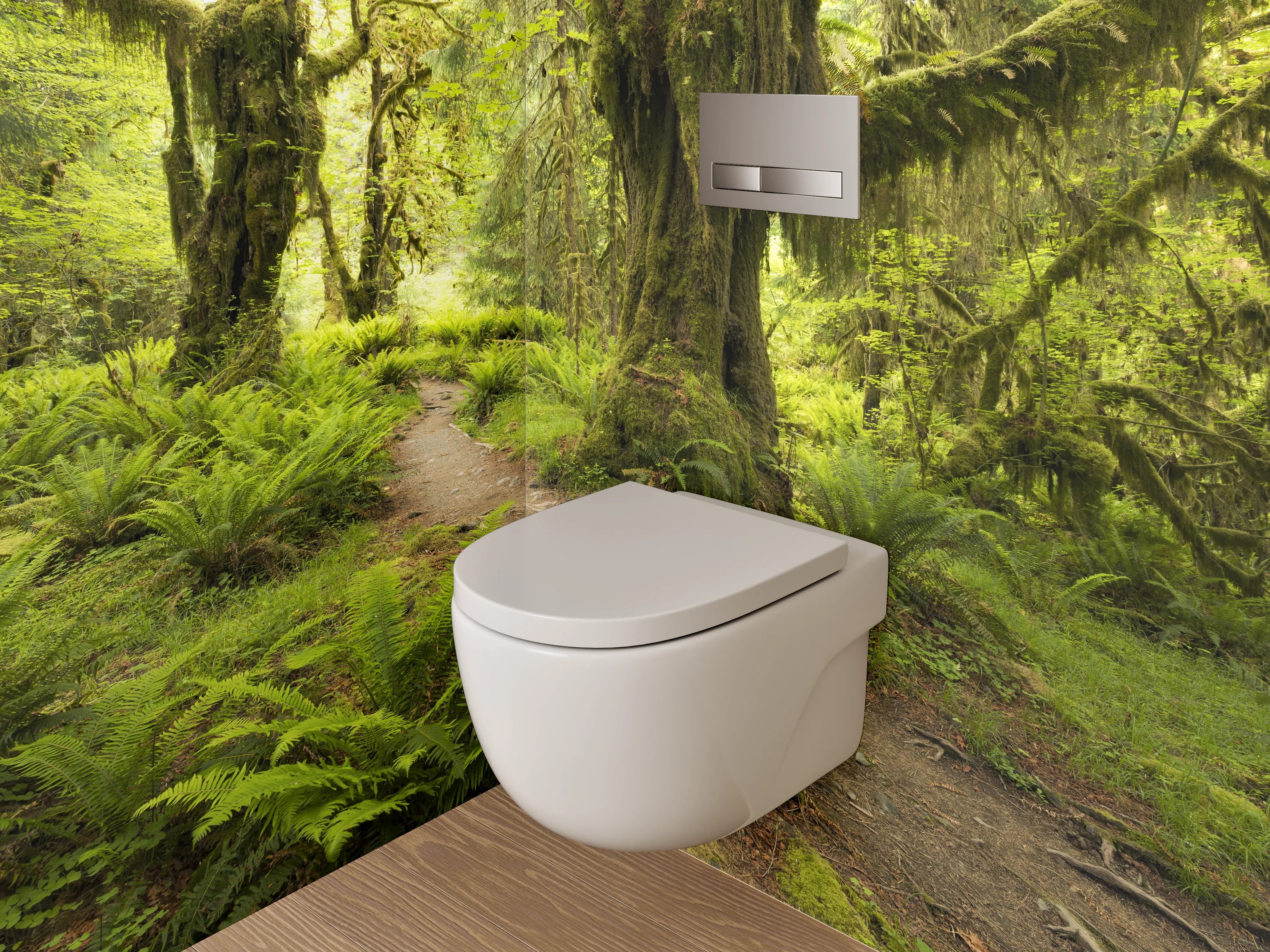 WC-Rückwand - Moosbewachsener Waldweg im Sonnenlicht