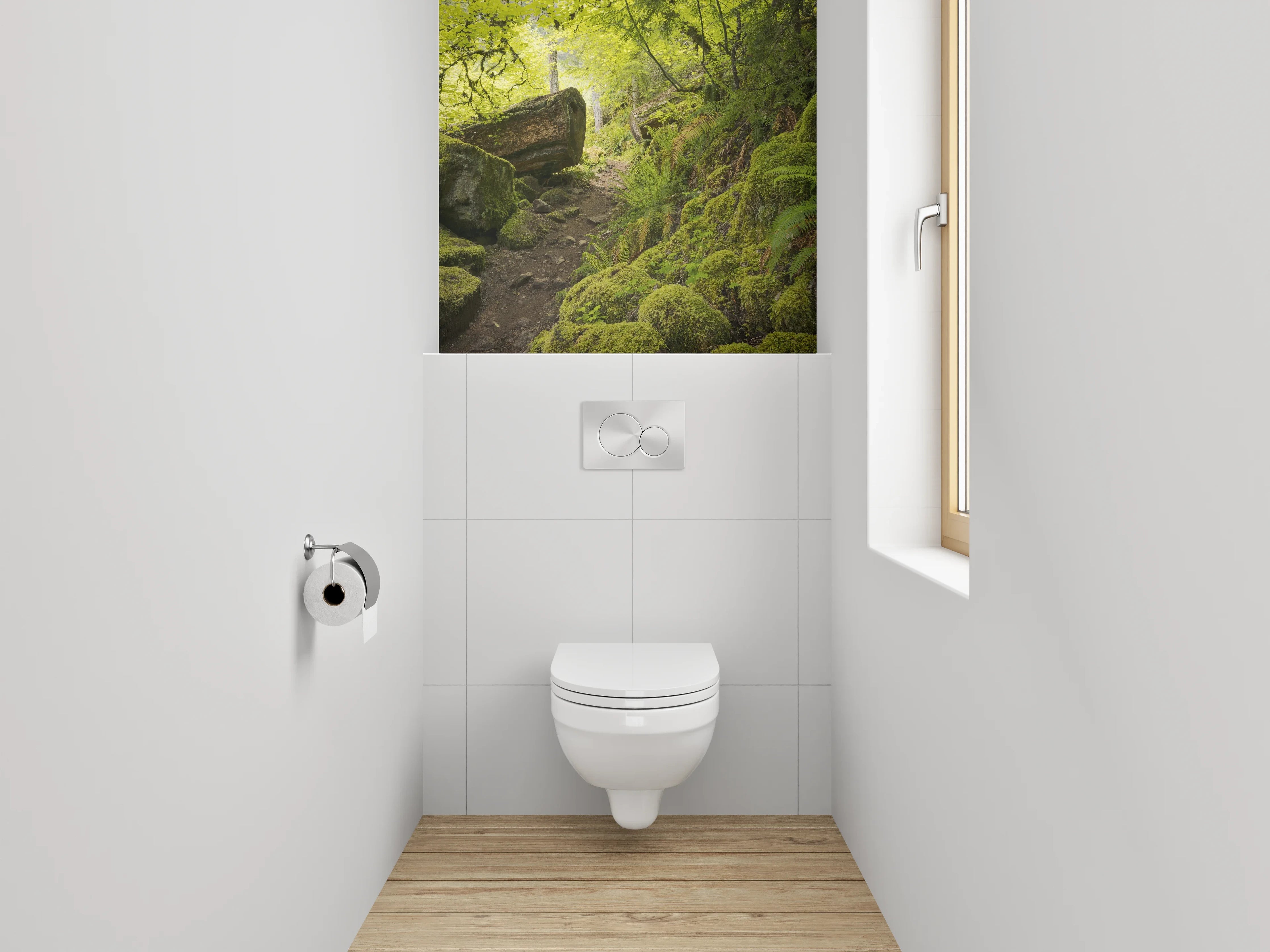WC-Rückwand - Moosiger Waldweg mit grünem Licht