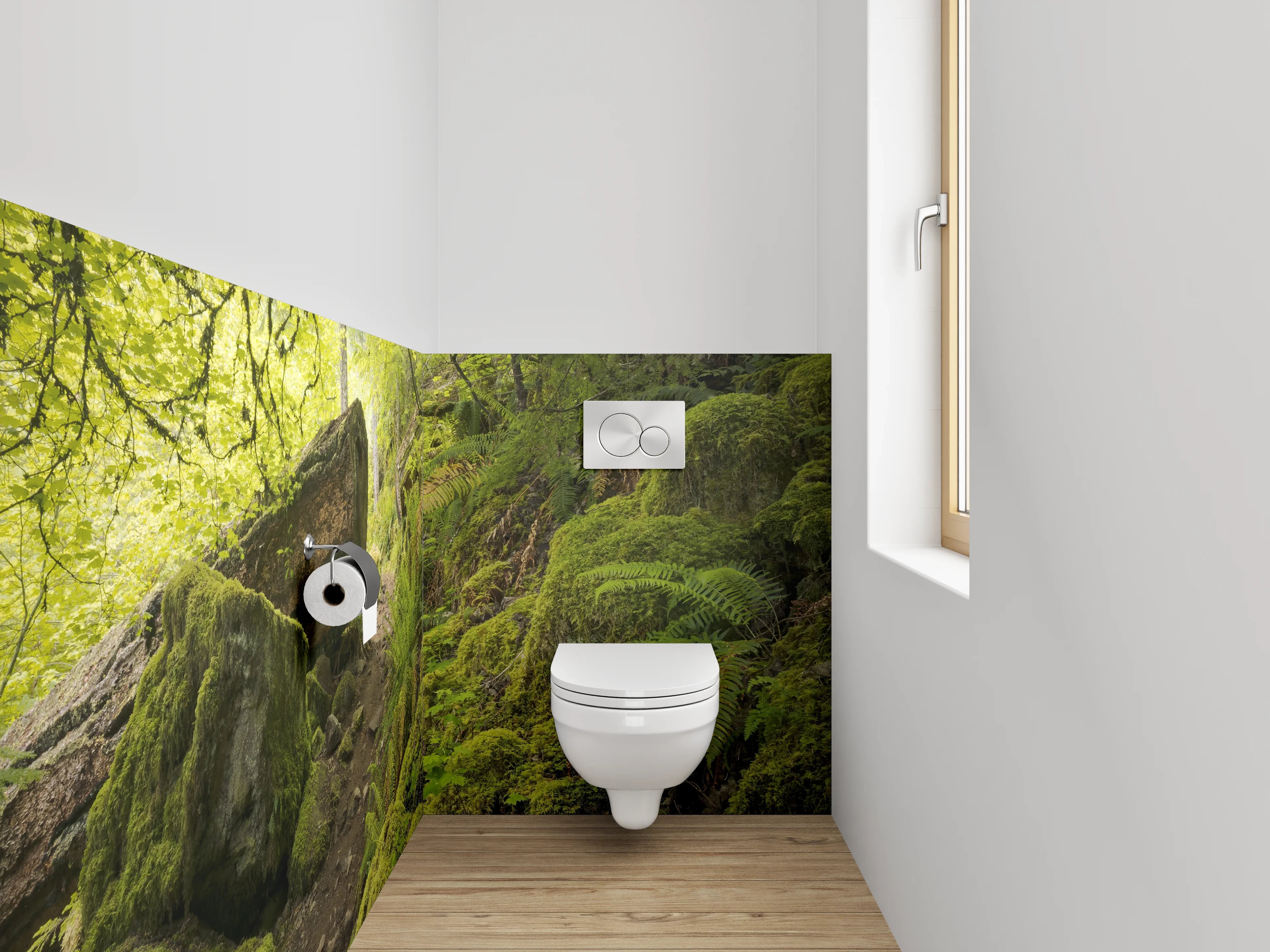 WC-Rückwand - Moosiger Waldweg mit grünem Licht