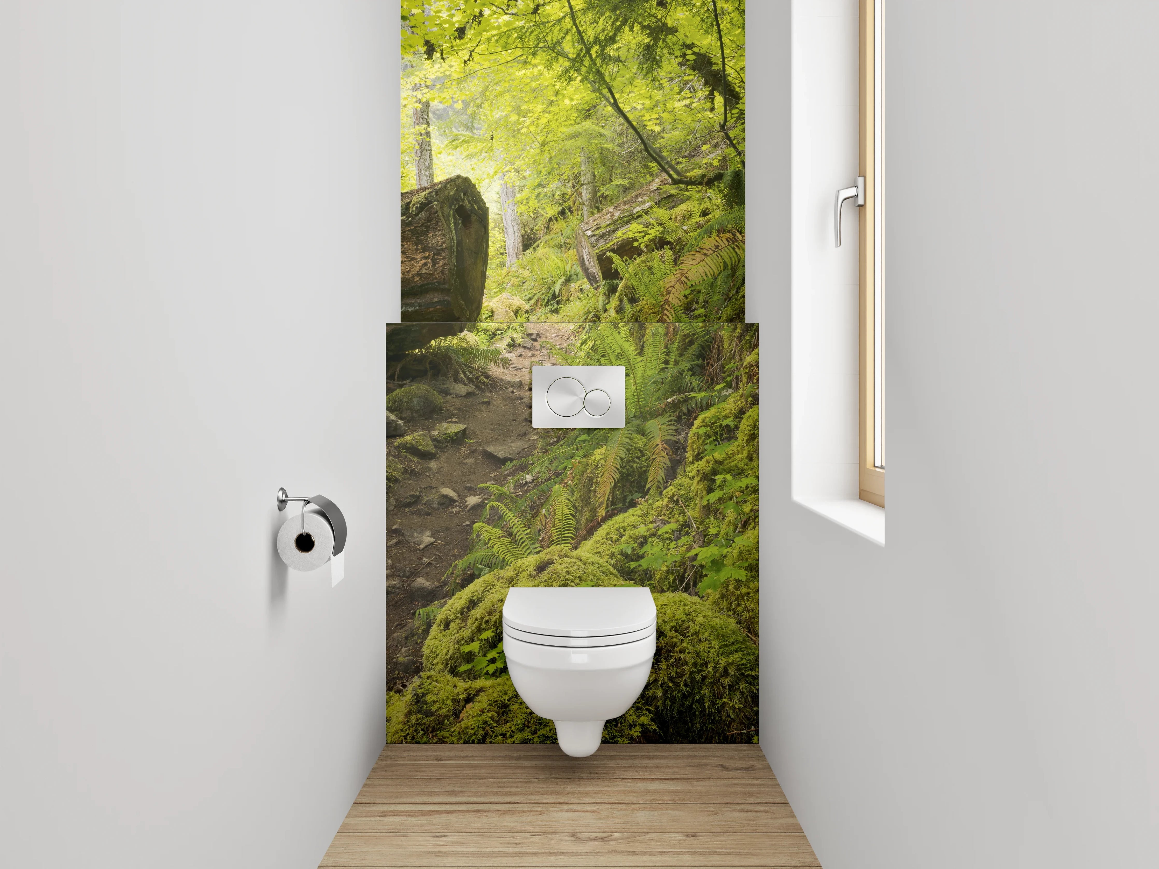 WC-Rückwand - Moosiger Waldweg mit grünem Licht