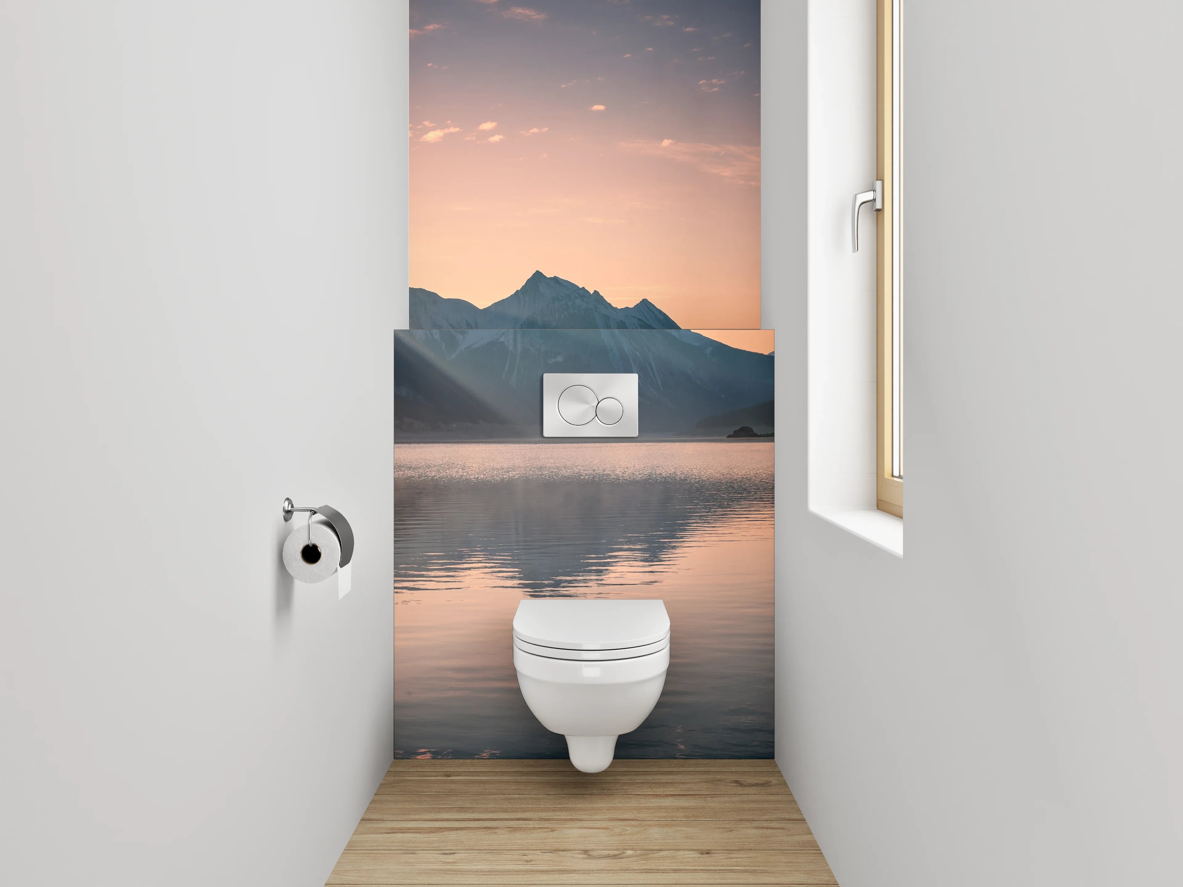 WC-Rückwand - Morgendämmerung in silbergrauer Bergidylle