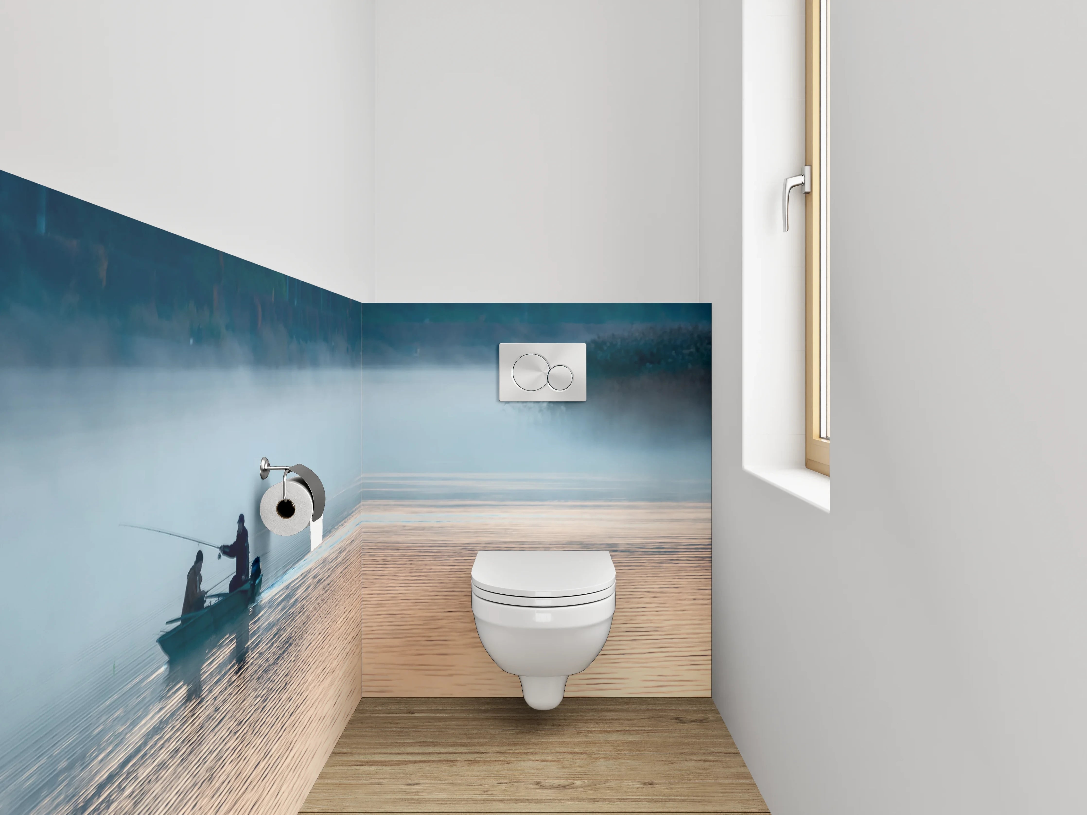 WC-Rückwand - Morgendliche Angleridylle am See