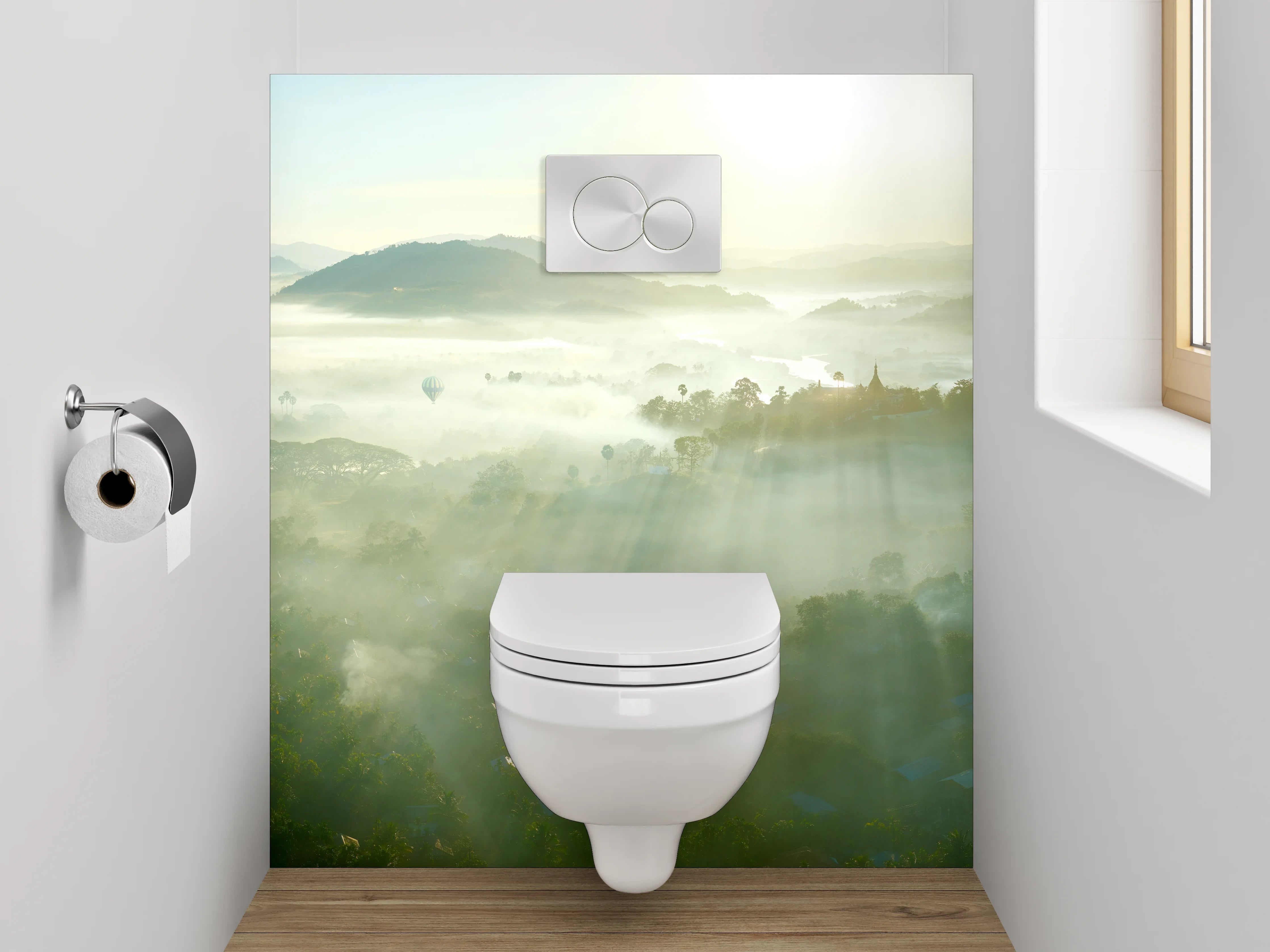 WC-Rückwand - Morgendliche Nebellandschaft mit Sonnenaufgang