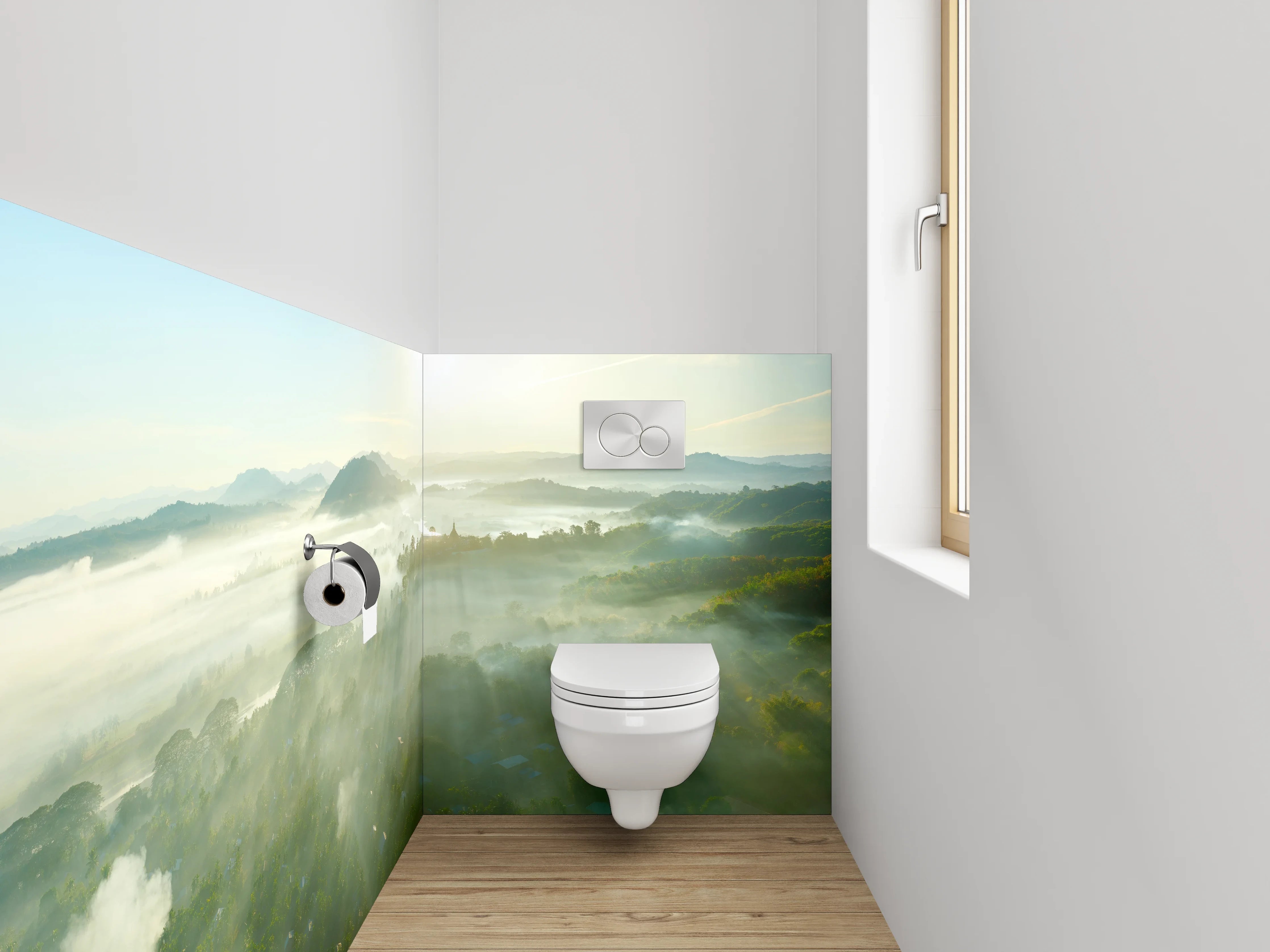 WC-Rückwand - Morgendliche Nebellandschaft mit Sonnenaufgang