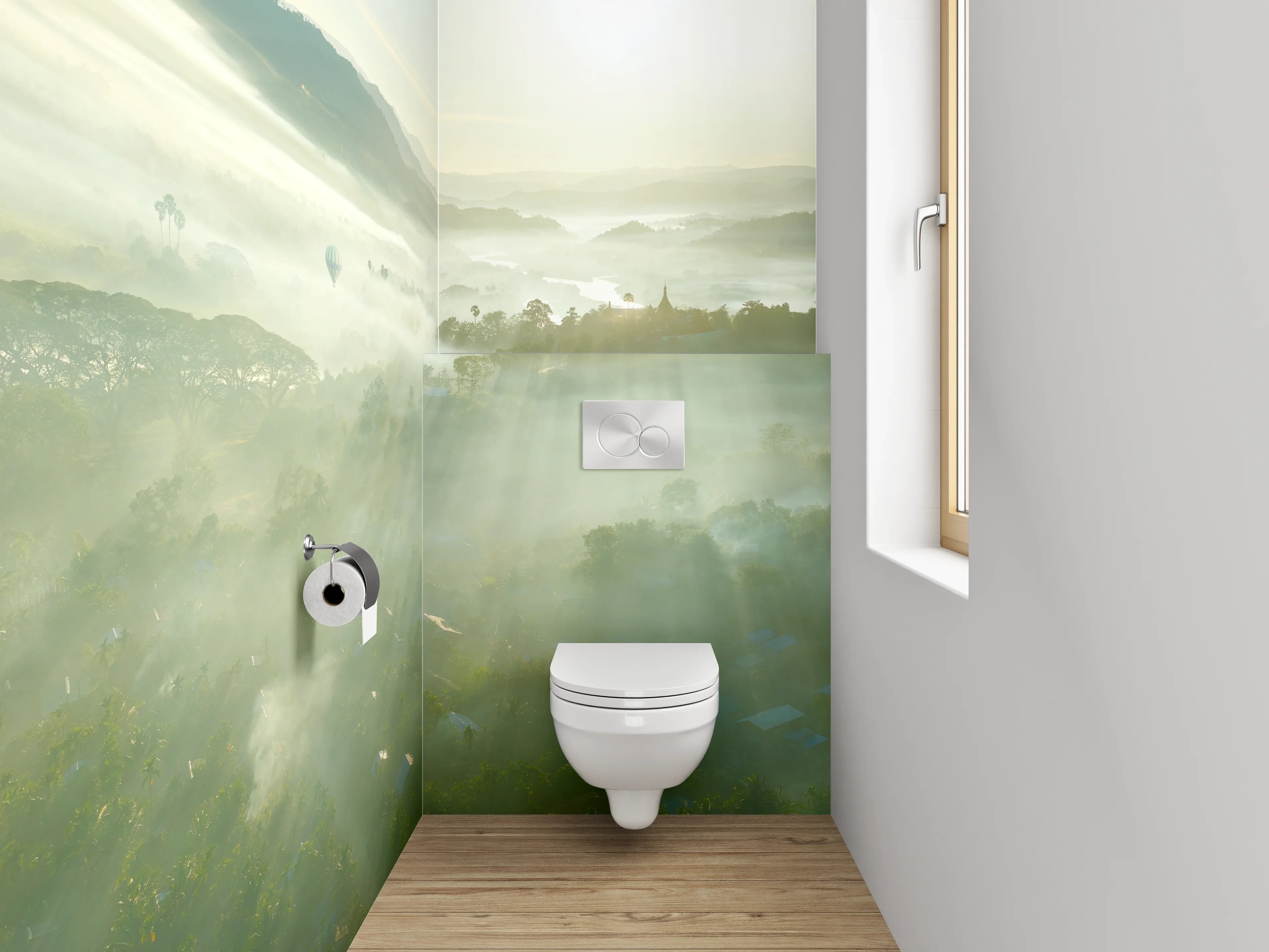 WC-Rückwand - Morgendliche Nebellandschaft mit Sonnenaufgang