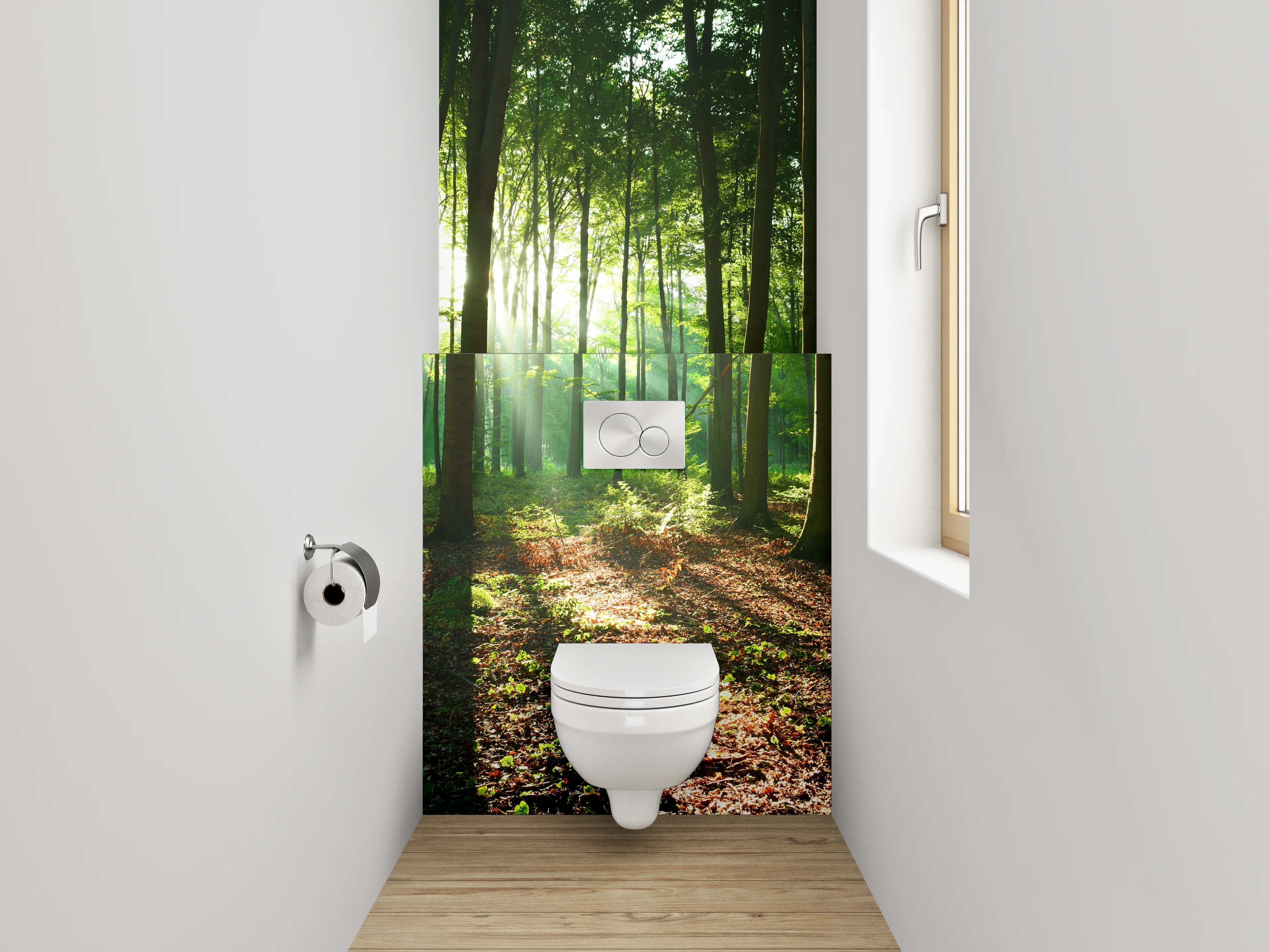 WC-Rückwand - Morgenlicht im grünen Wald