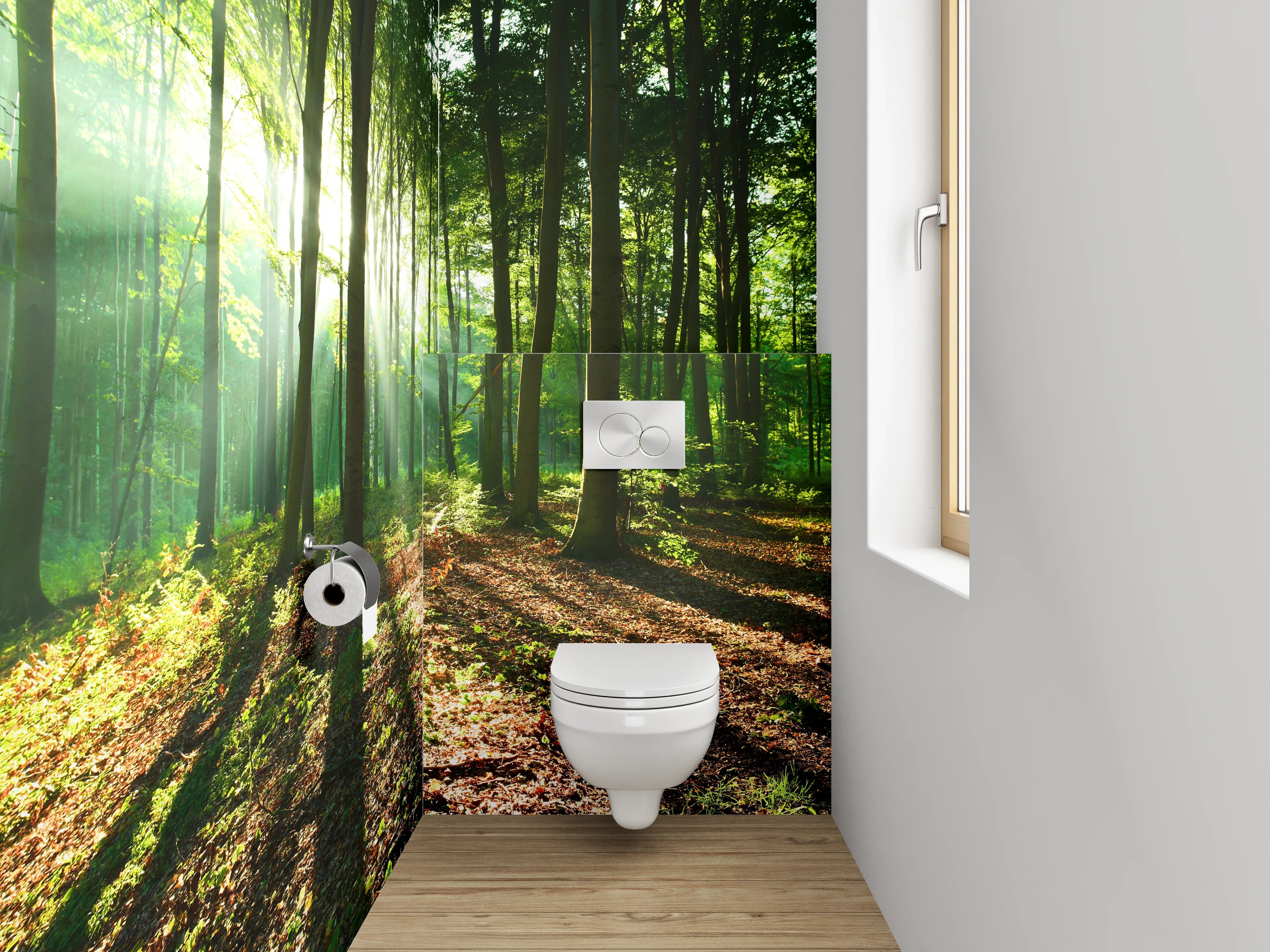 WC-Rückwand - Morgenlicht im grünen Wald