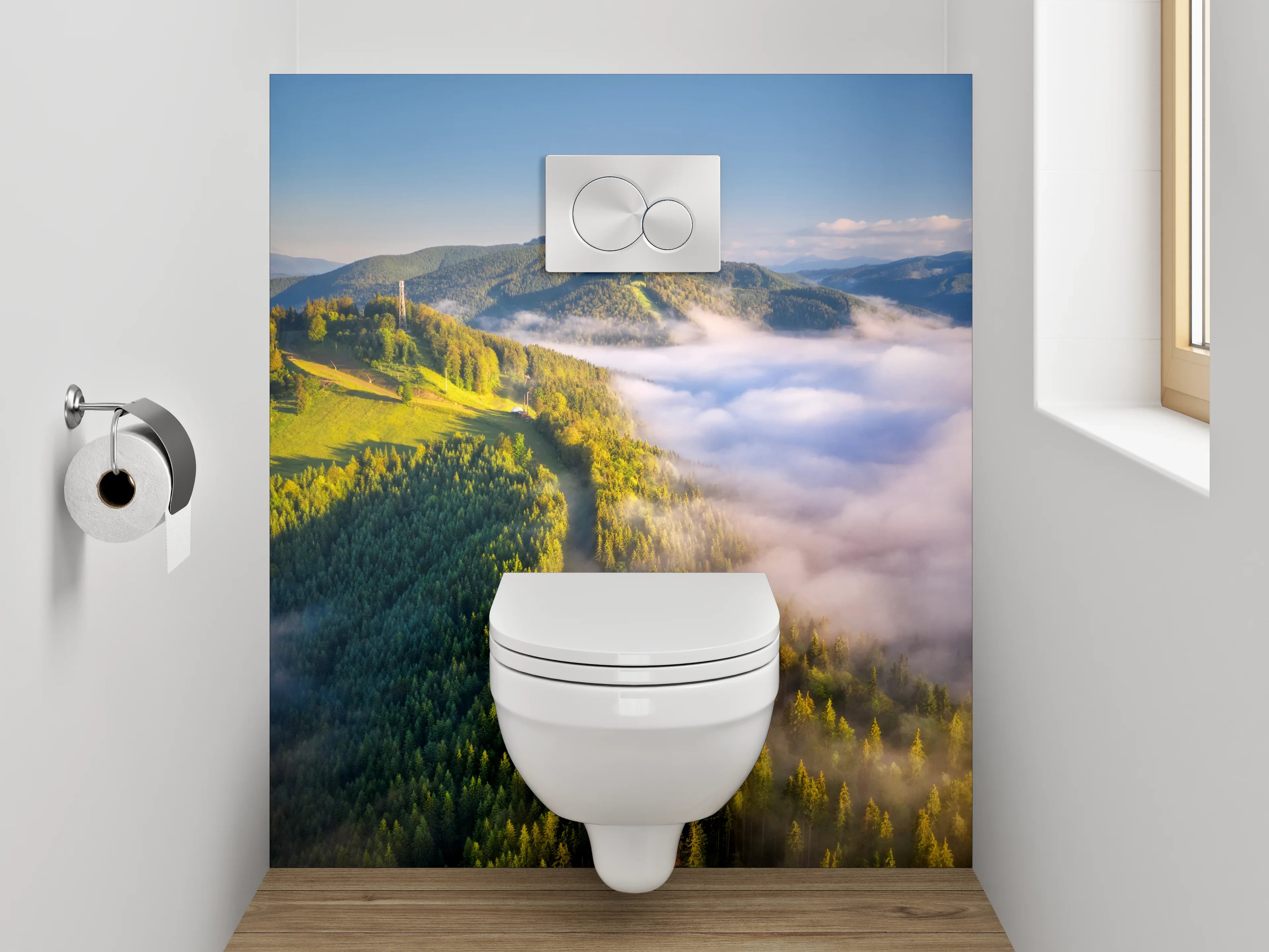 WC-Rückwand - Morgennebel über grünen Bergen