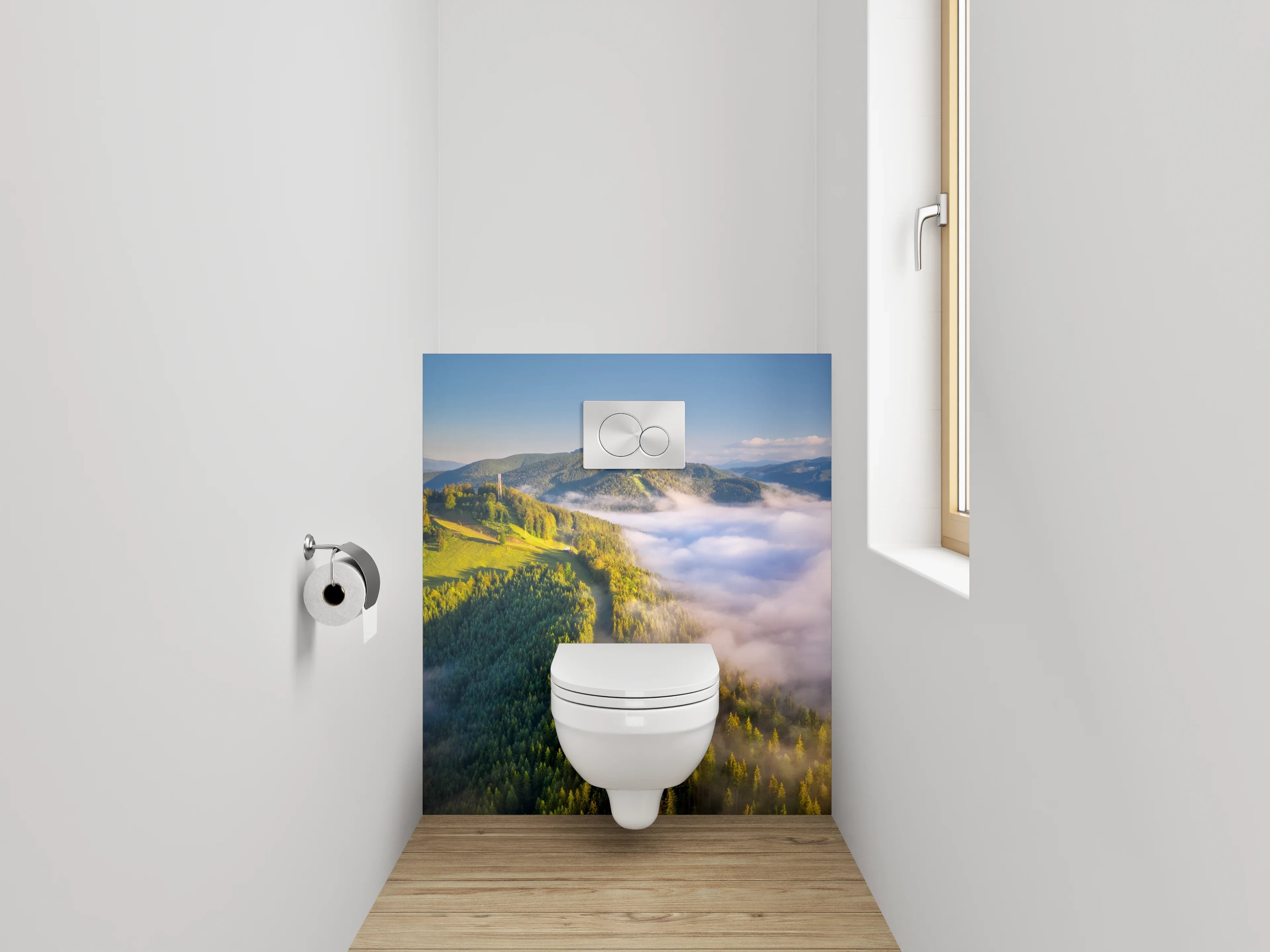 WC-Rückwand - Morgennebel über grünen Bergen