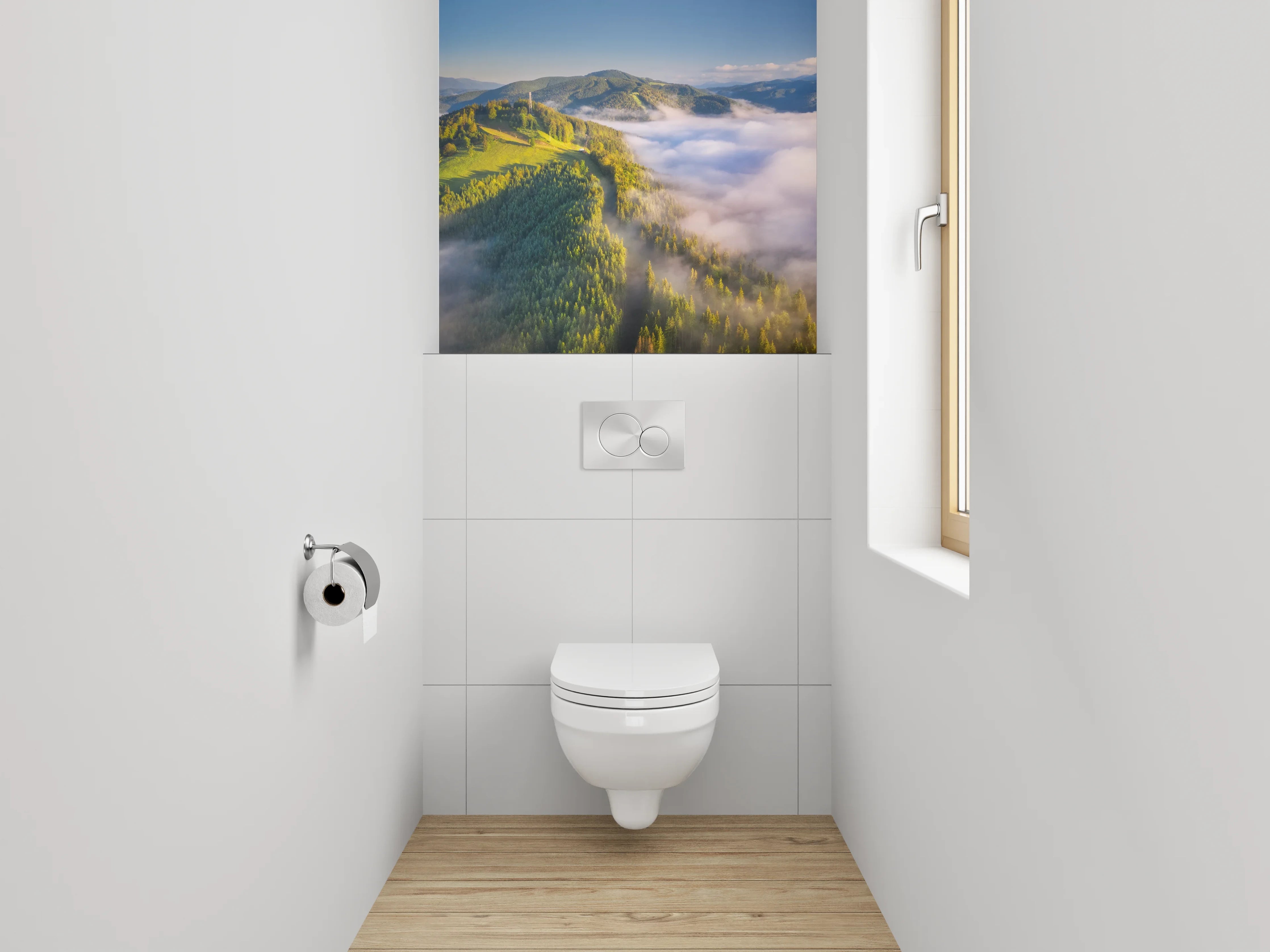 WC-Rückwand - Morgennebel über grünen Bergen
