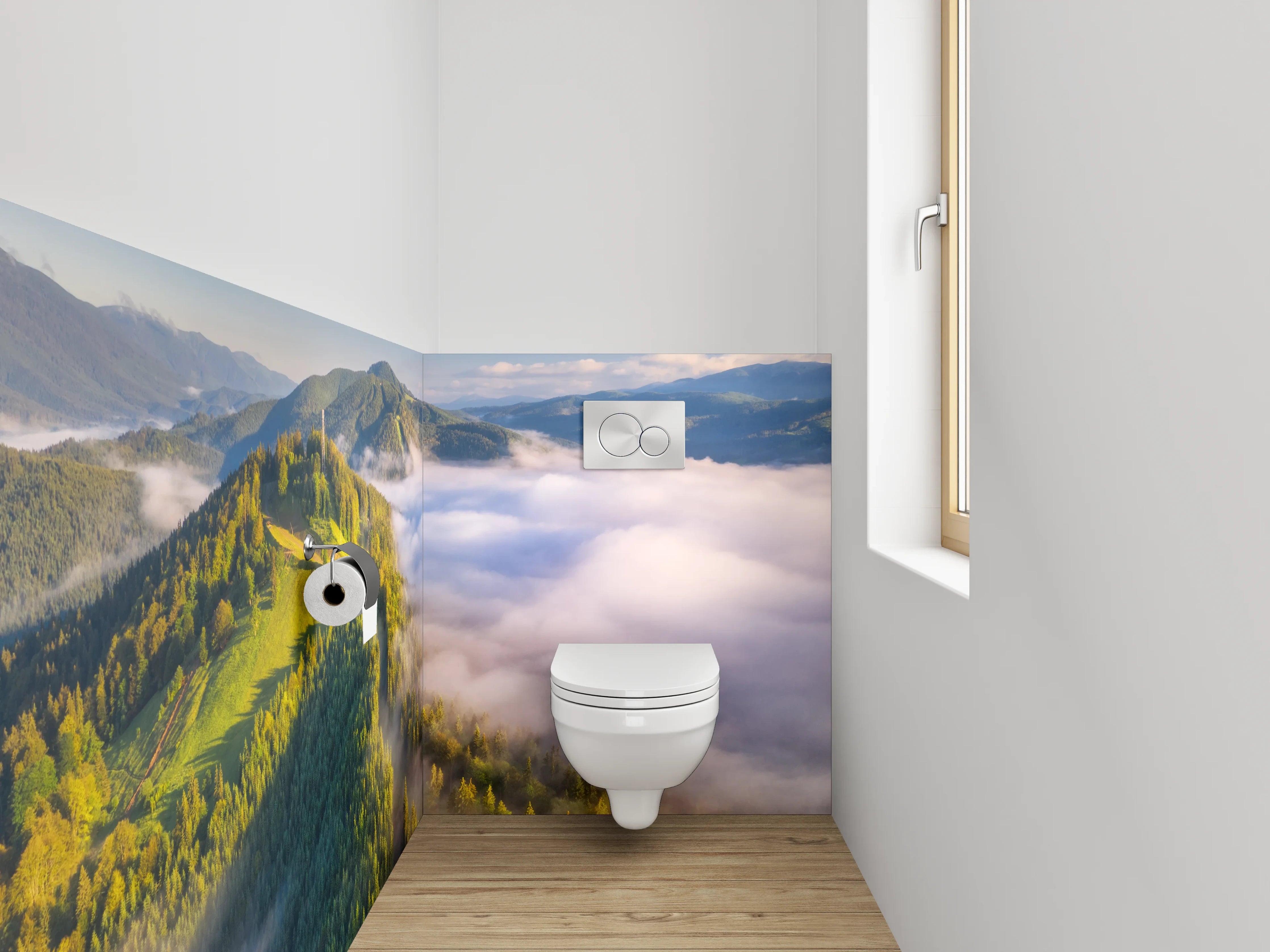 WC-Rückwand - Morgennebel über grünen Bergen