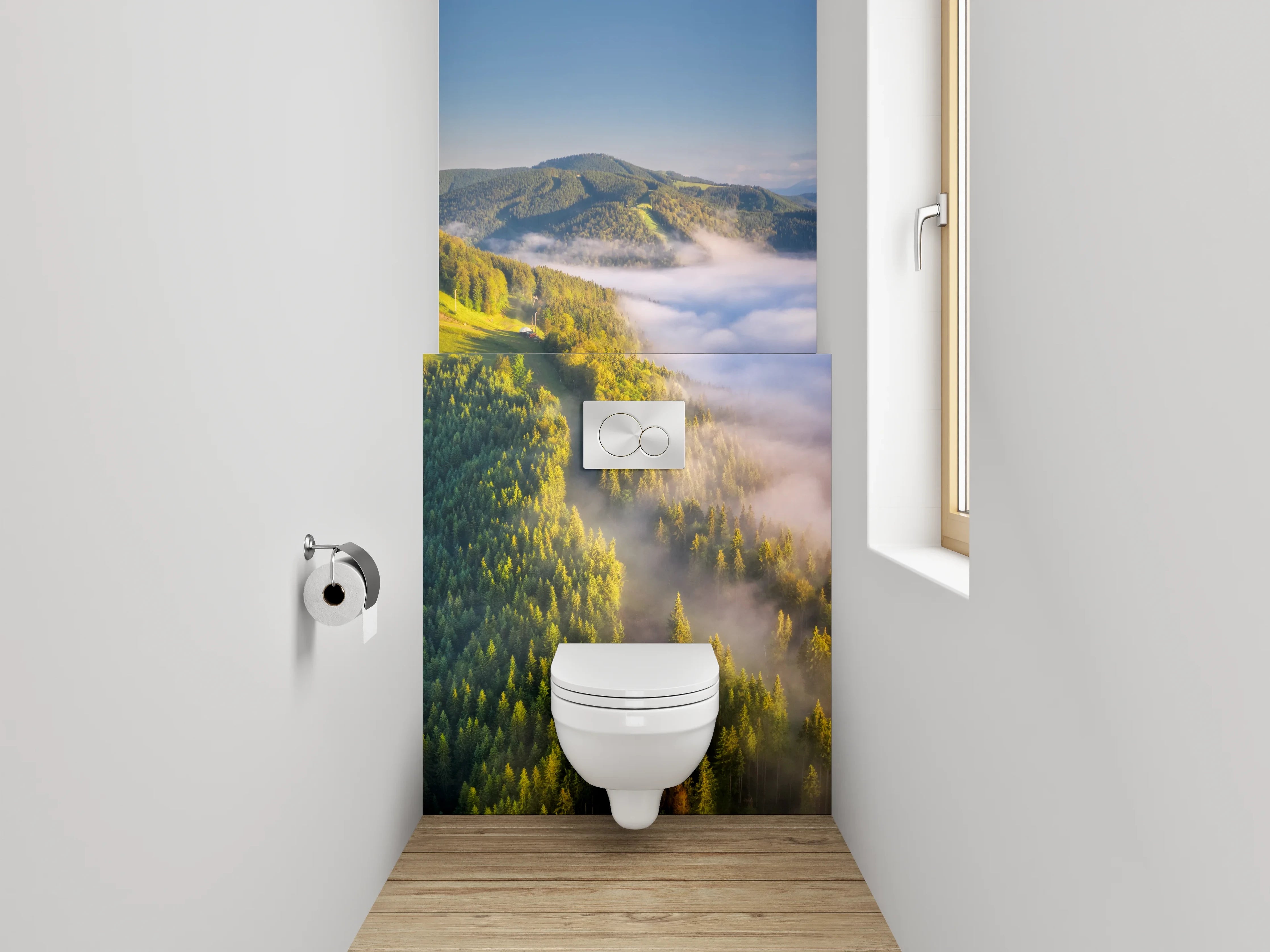 WC-Rückwand - Morgennebel über grünen Bergen