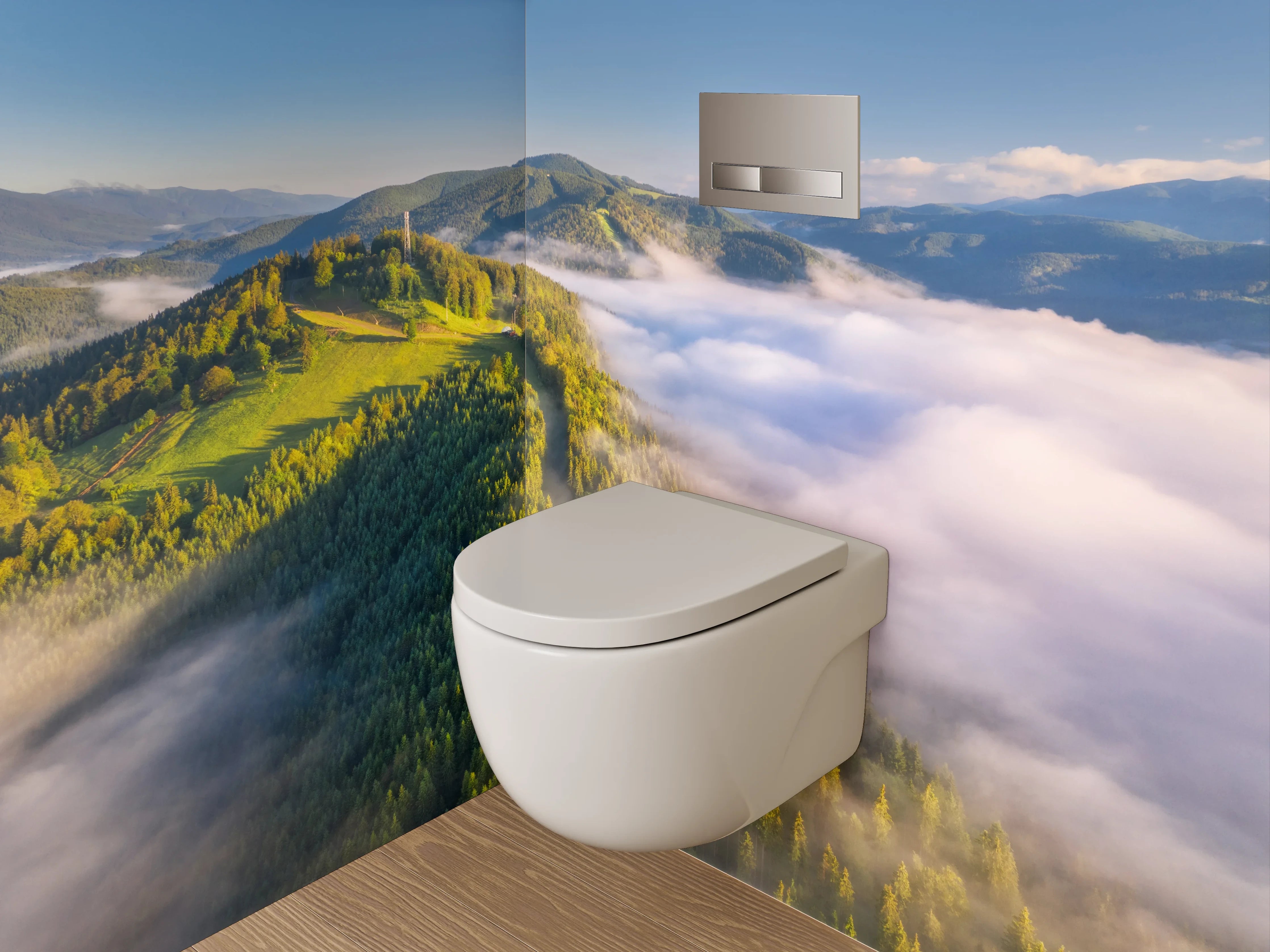 WC-Rückwand - Morgennebel über grünen Bergen
