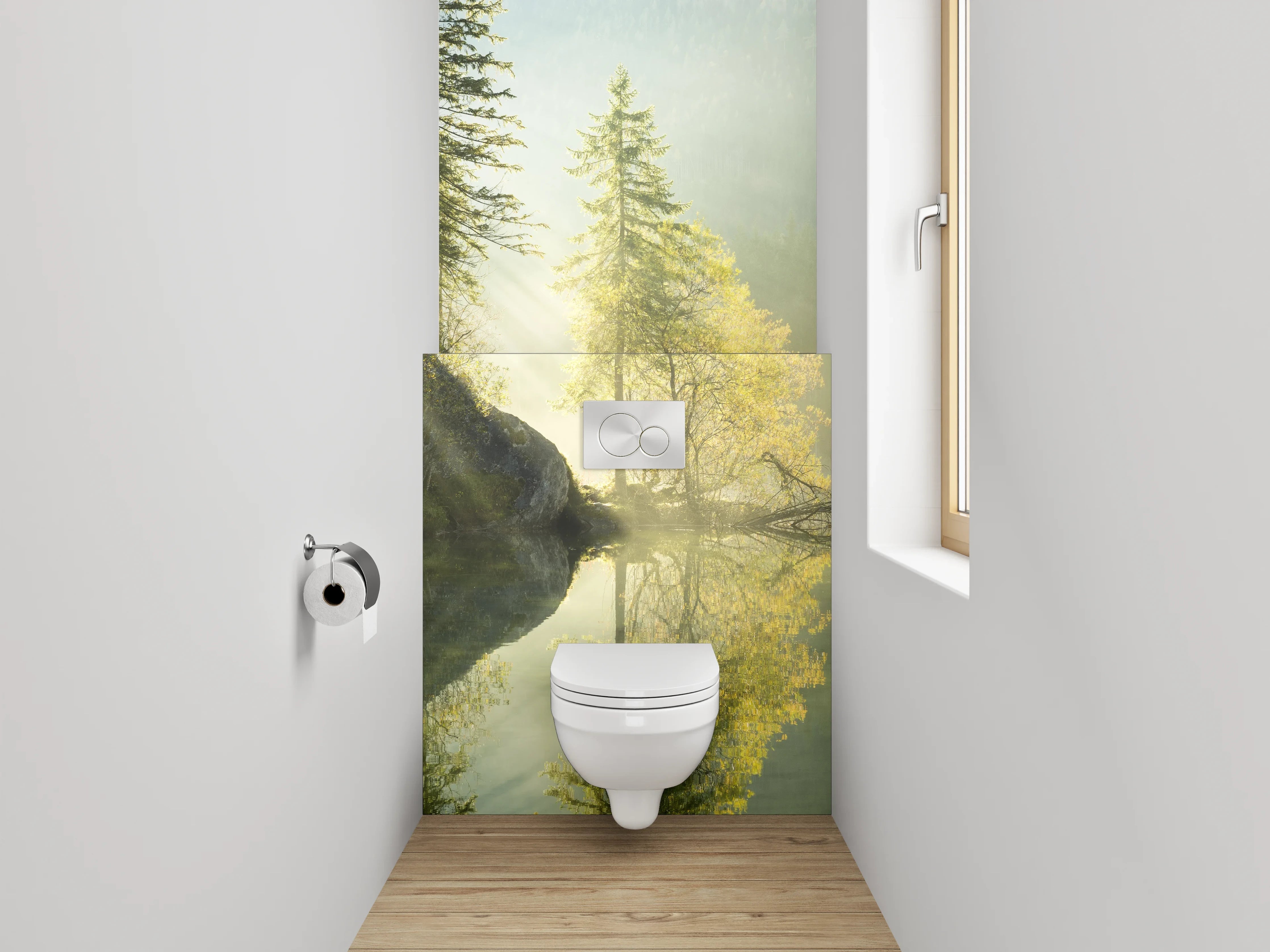 WC-Rückwand - Morgensonne am Waldsee