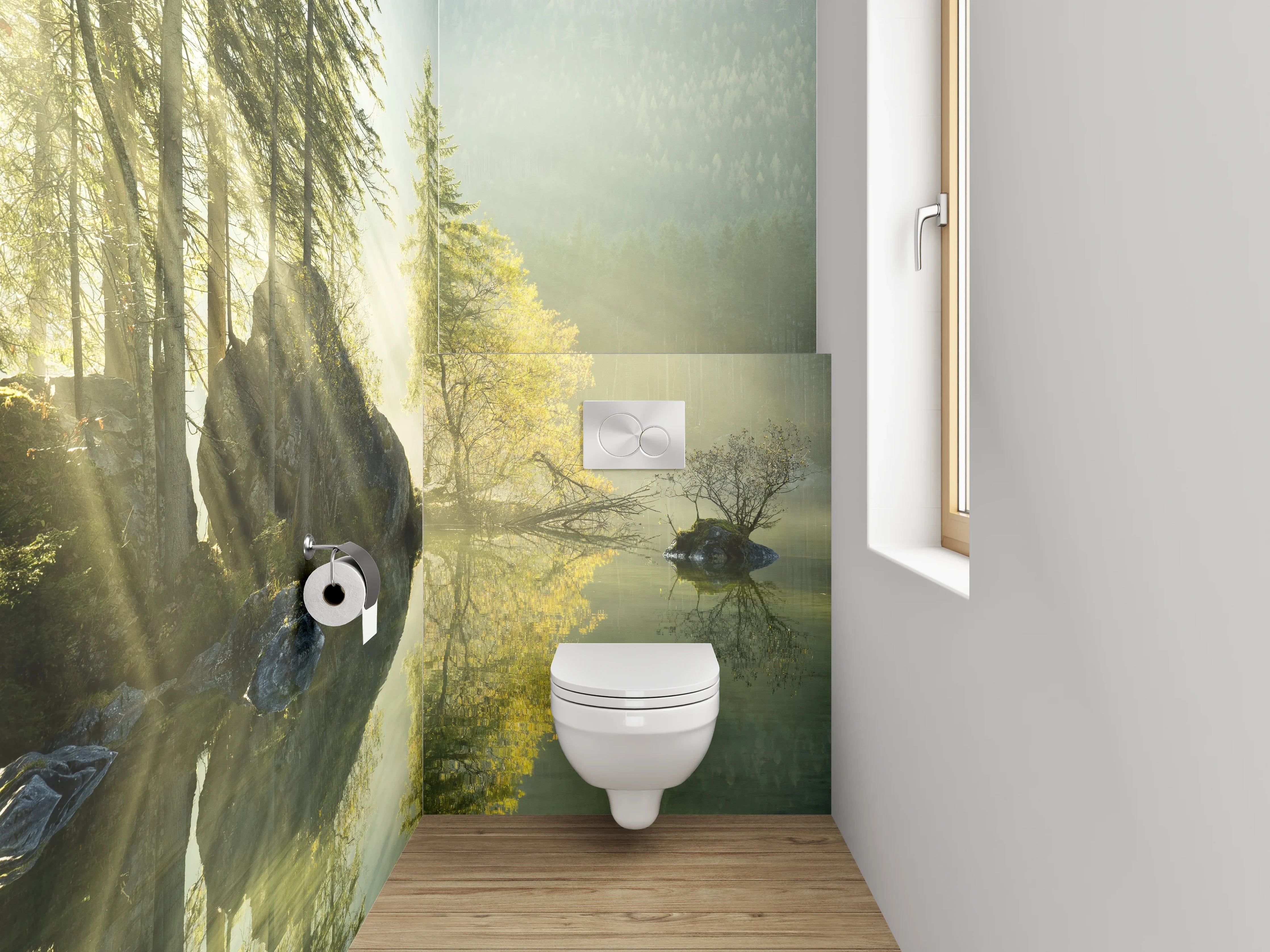 WC-Rückwand - Morgensonne am Waldsee