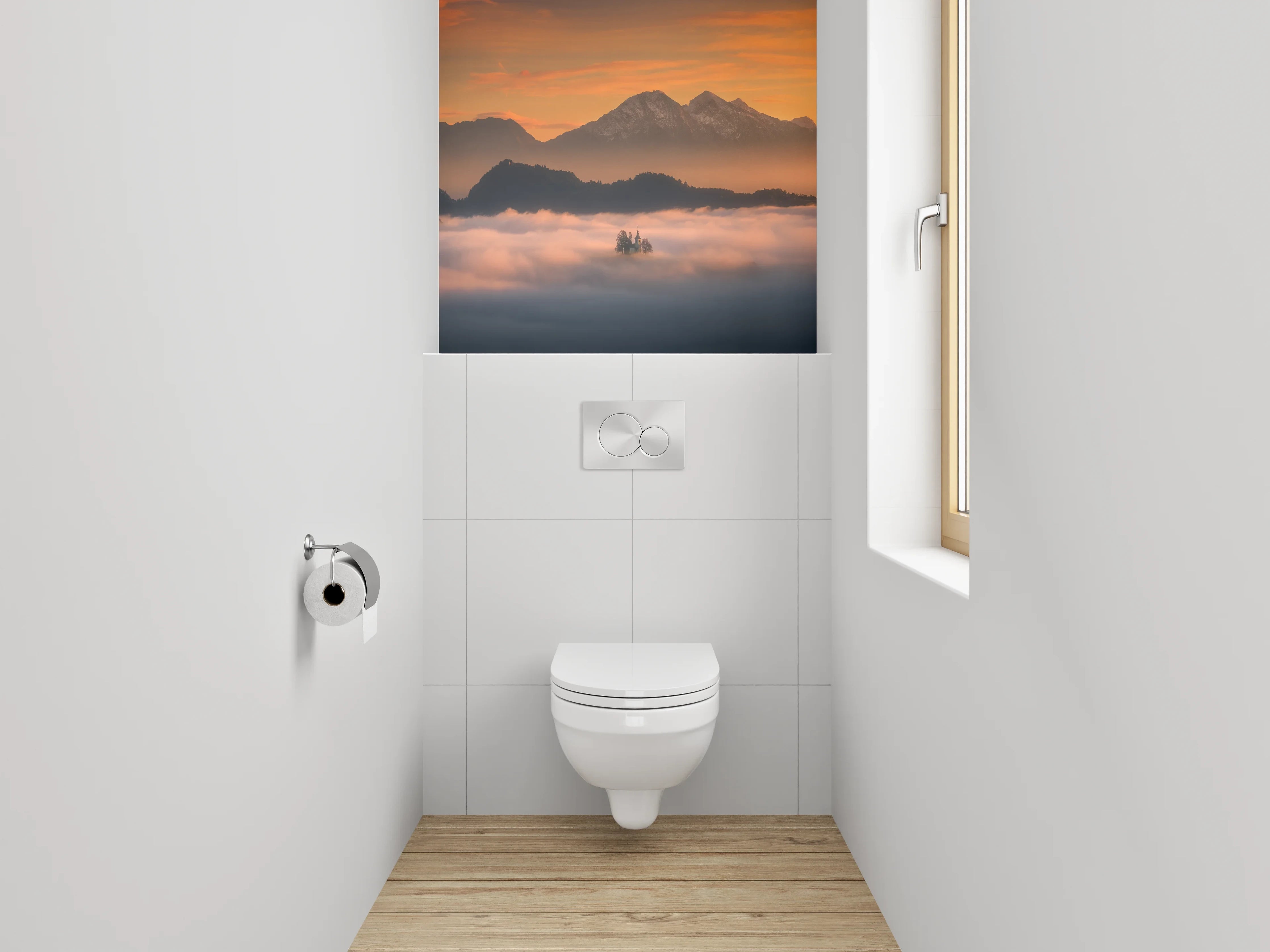 WC-Rückwand - Morgenstimmung Alpen Berge Nebel