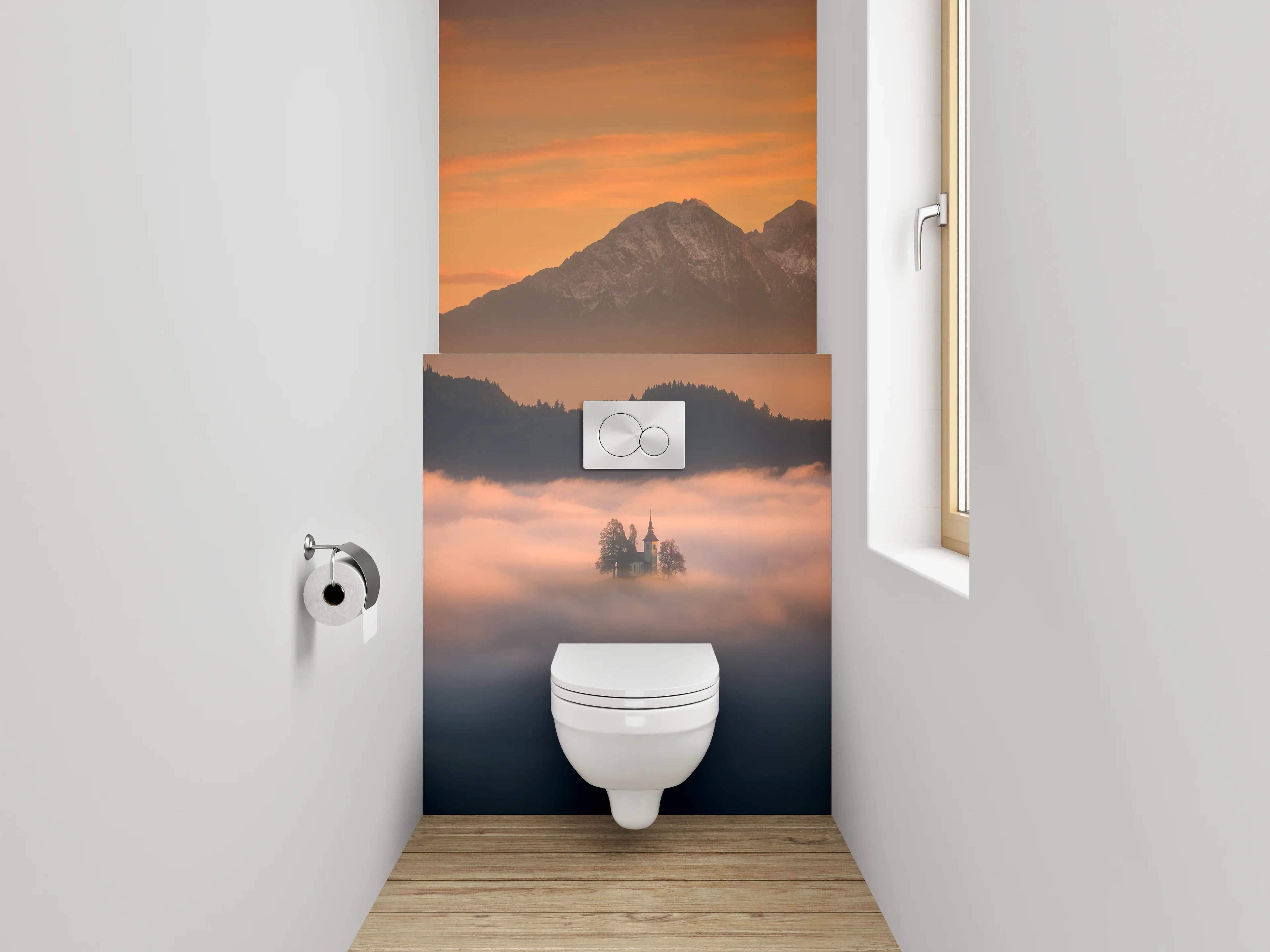 WC-Rückwand - Morgenstimmung Alpen Berge Nebel