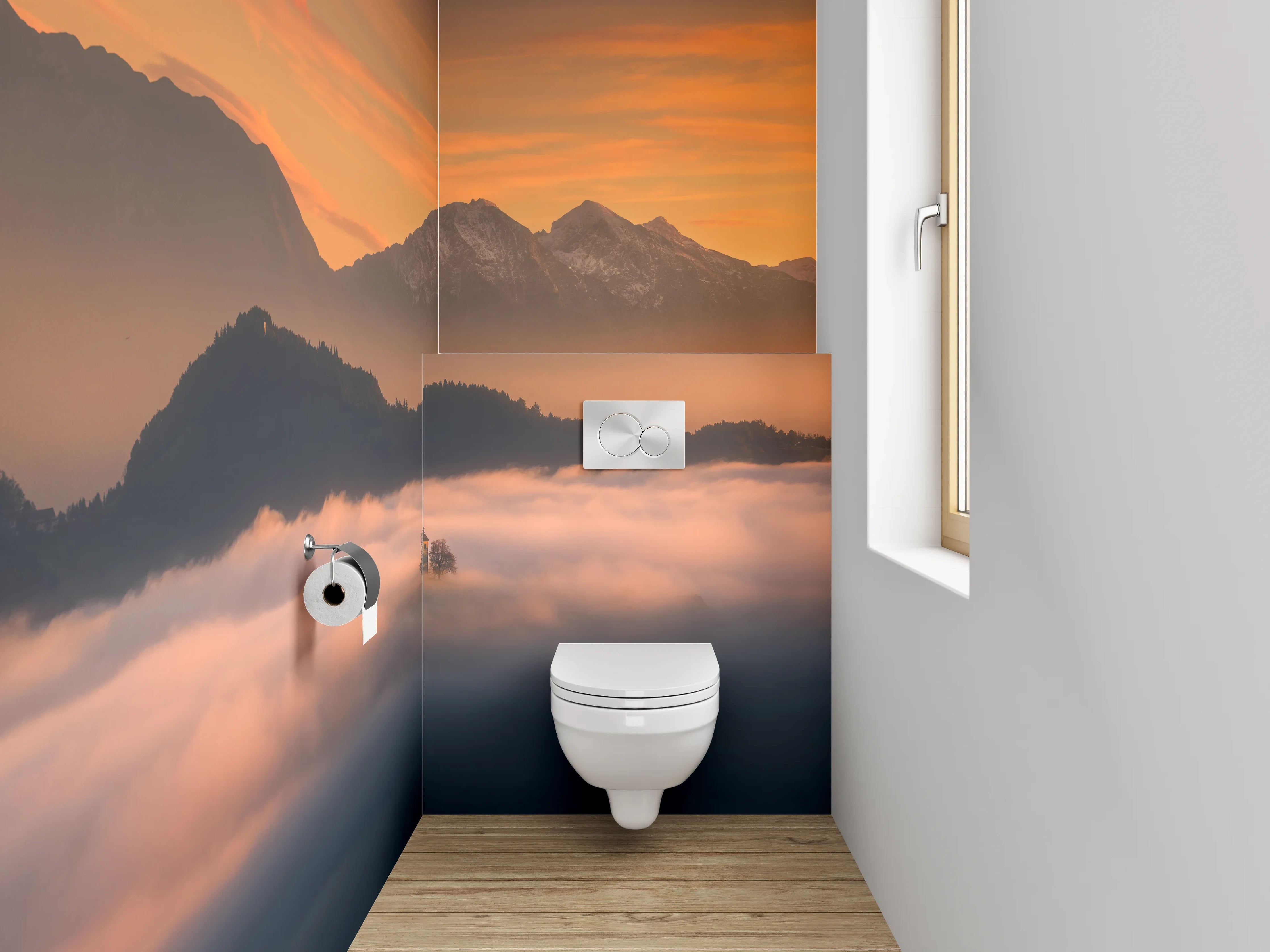 WC-Rückwand - Morgenstimmung Alpen Berge Nebel