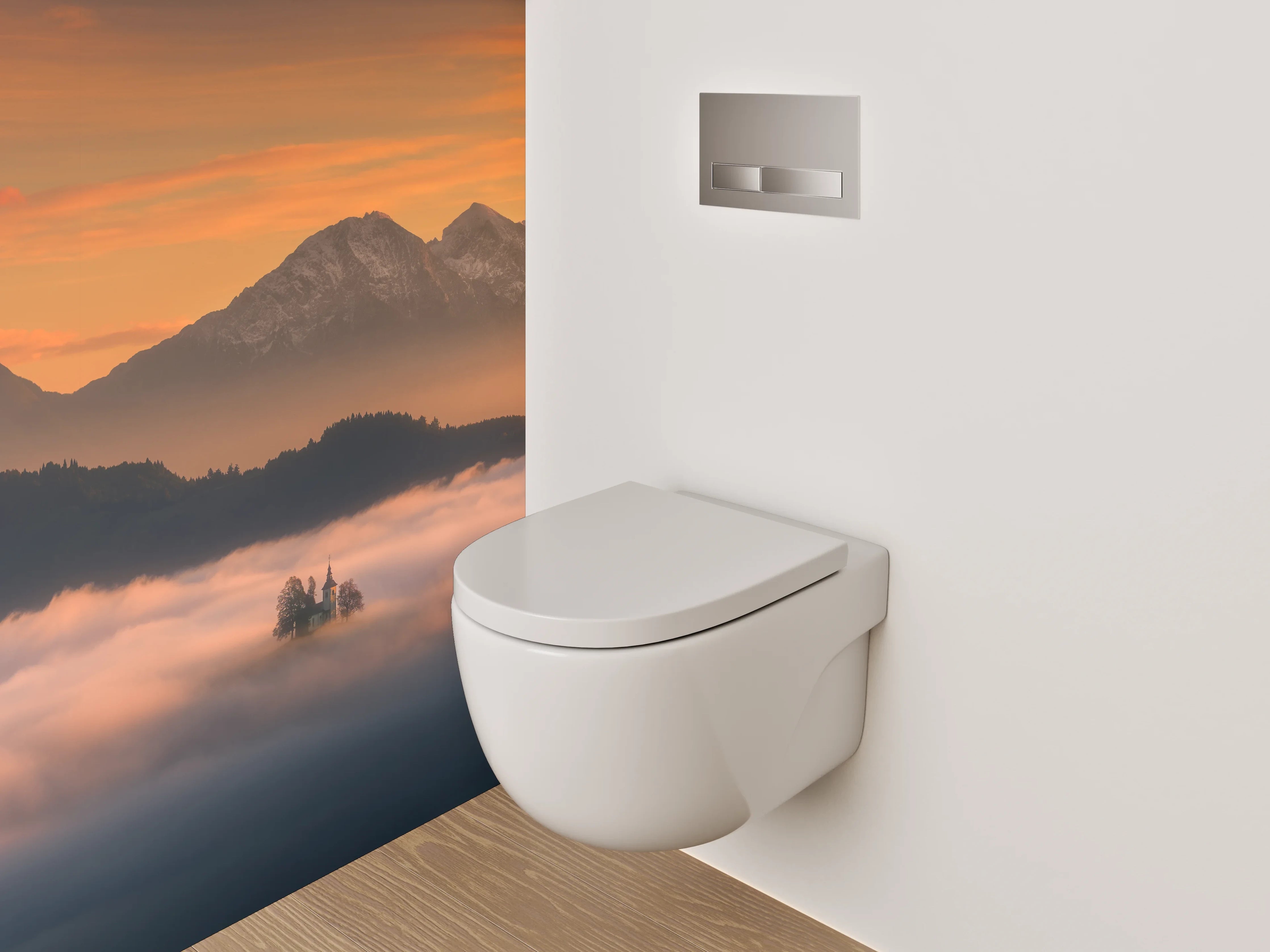 WC-Rückwand - Morgenstimmung Alpen Berge Nebel
