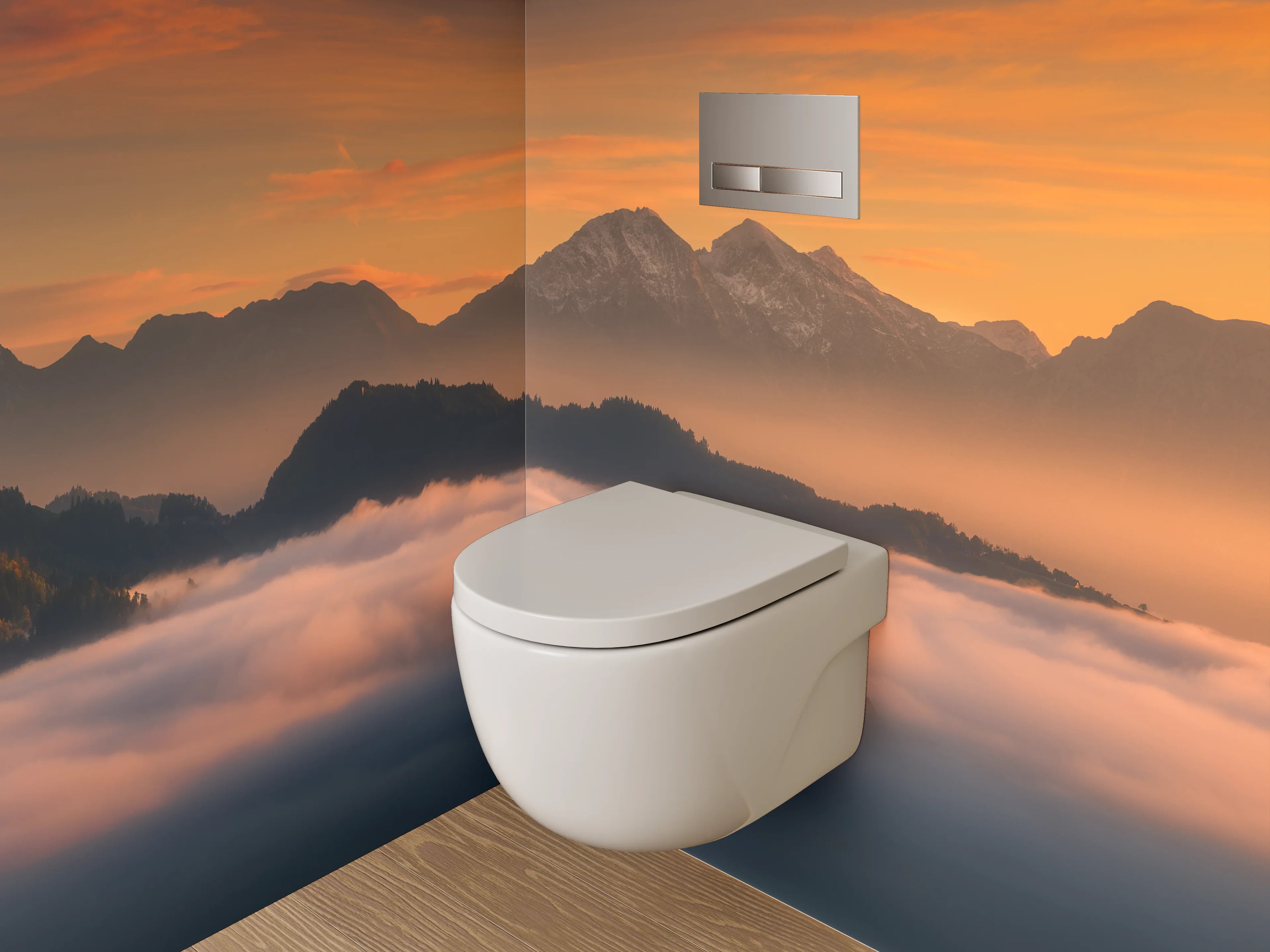 WC-Rückwand - Morgenstimmung Alpen Berge Nebel