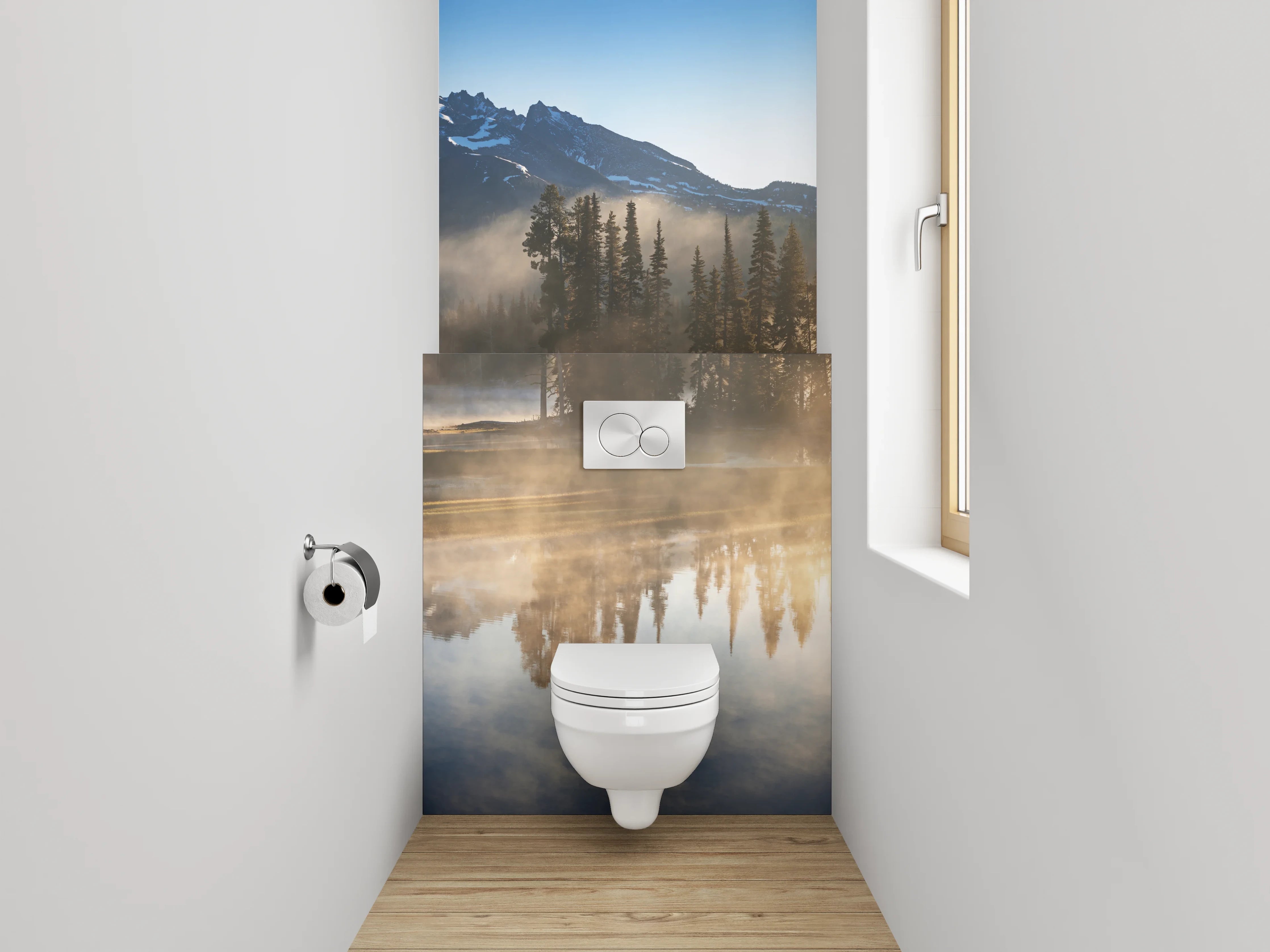 WC-Rückwand - Morgenstimmung am See mit Bergen