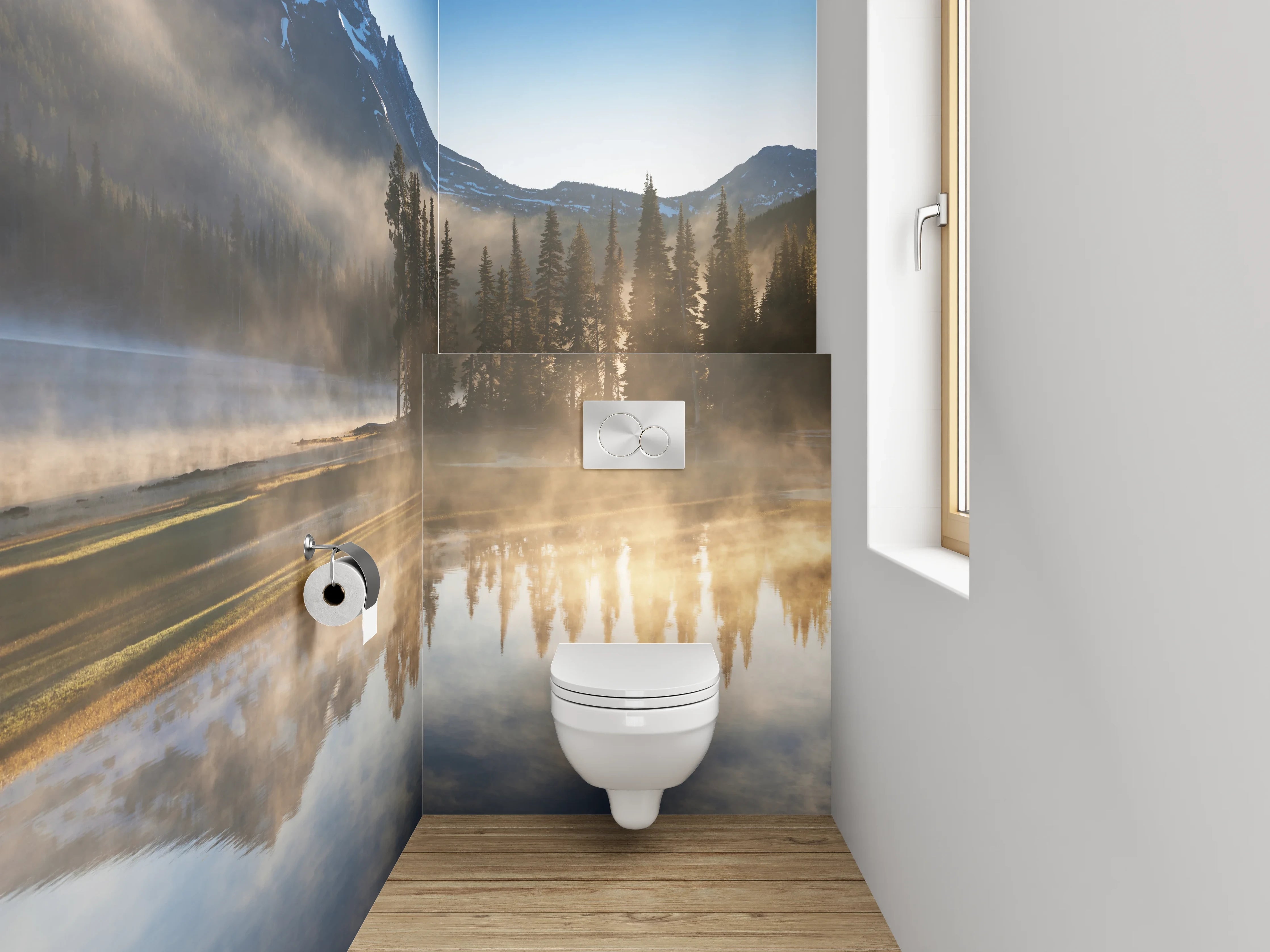 WC-Rückwand - Morgenstimmung am See mit Bergen
