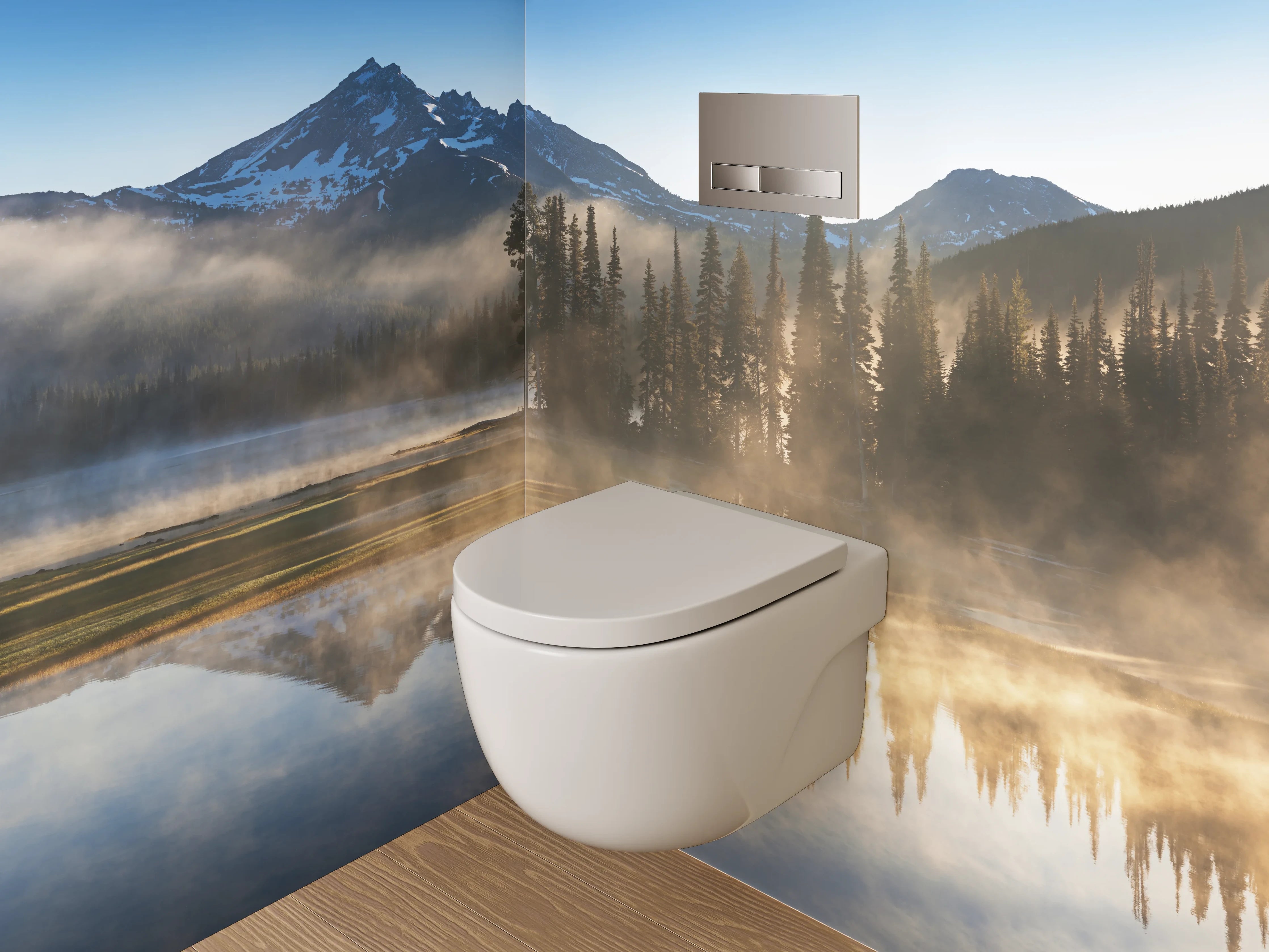 WC-Rückwand - Morgenstimmung am See mit Bergen
