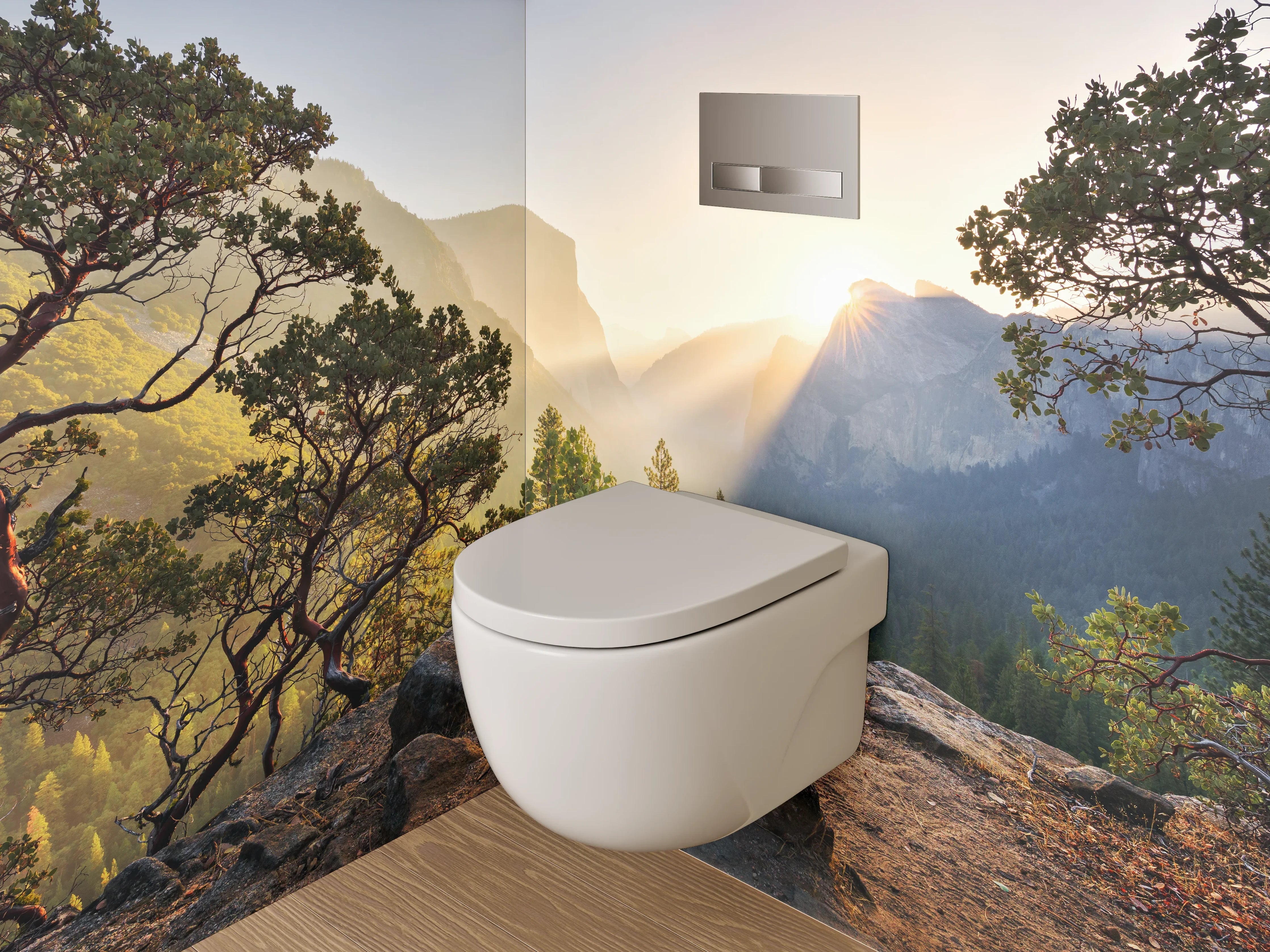 WC-Rückwand - Morgenstimmung in den Bergen mit Sonnenstrahlen